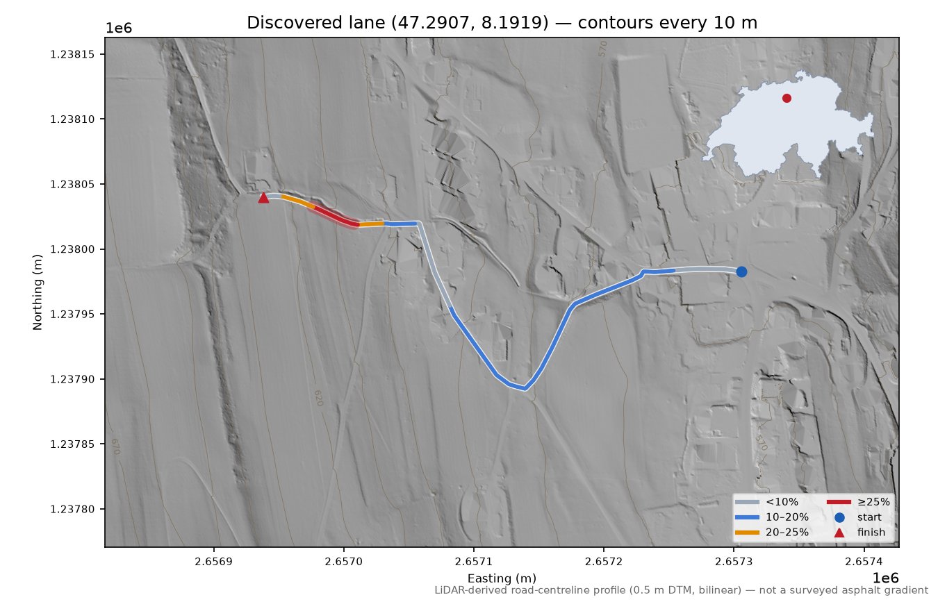 Discovered lane (47.2907, 8.1919) LiDAR hillshade map with contours