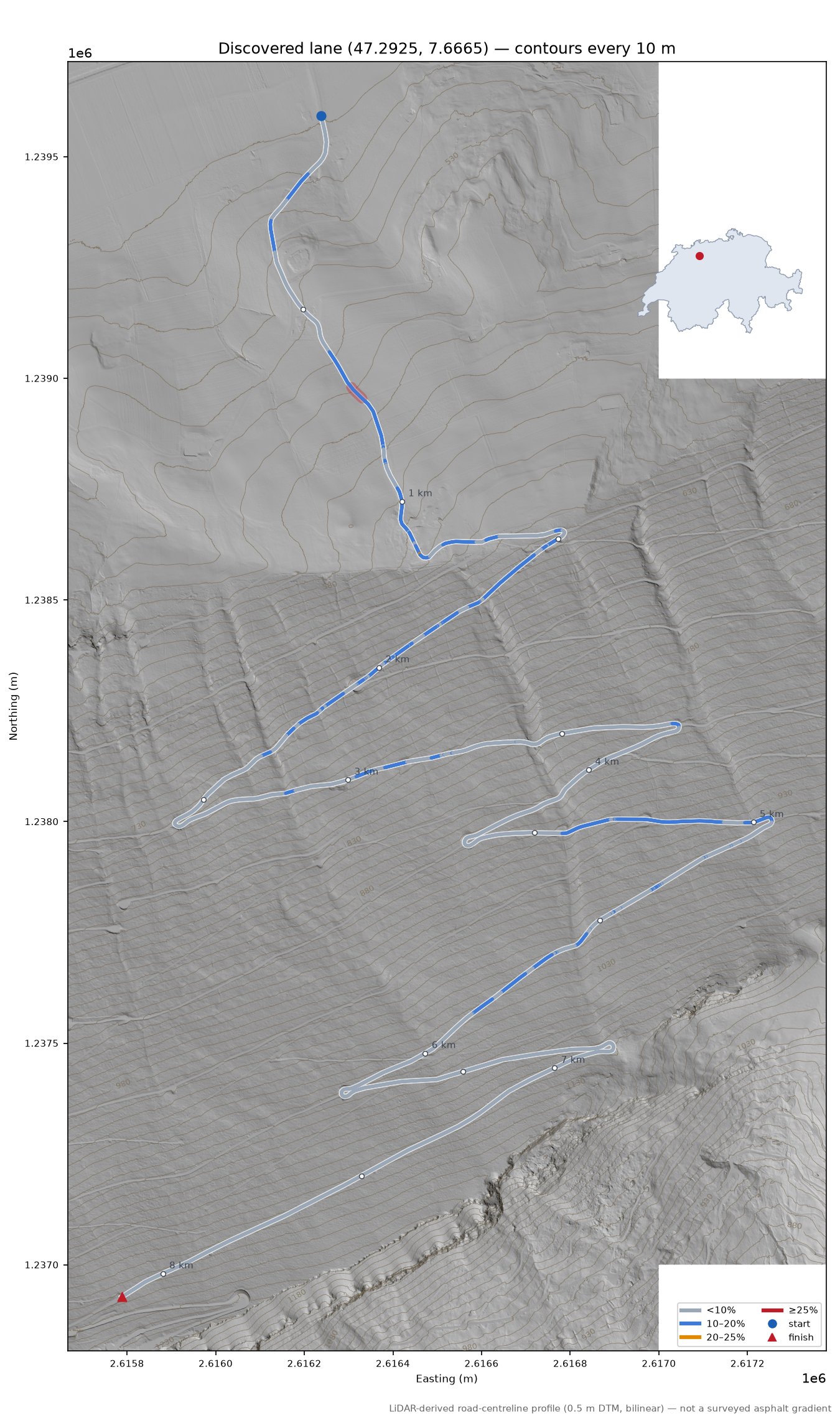 Discovered lane (47.2925, 7.6665) LiDAR hillshade map with contours