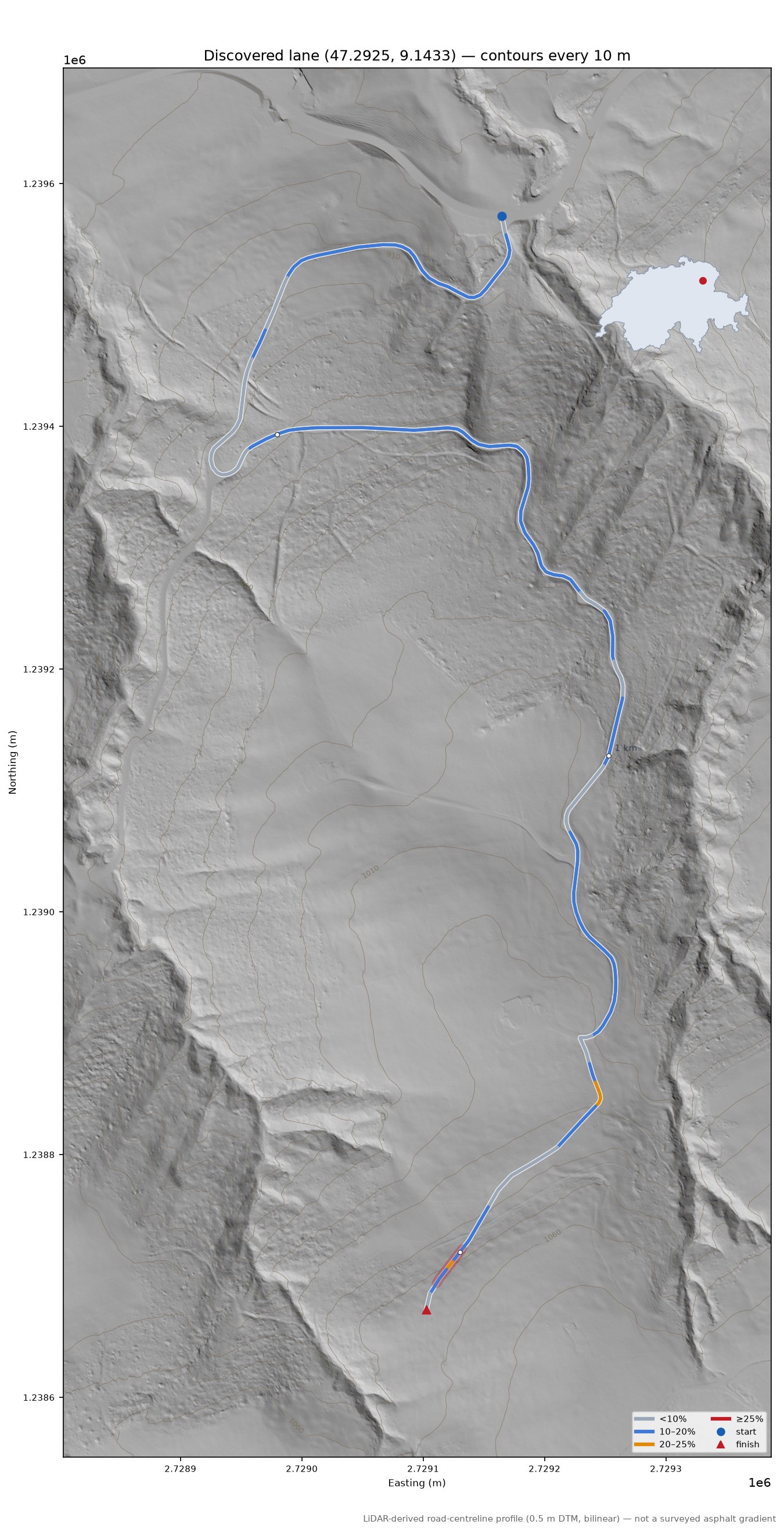 Discovered lane (47.2925, 9.1433) LiDAR hillshade map with contours