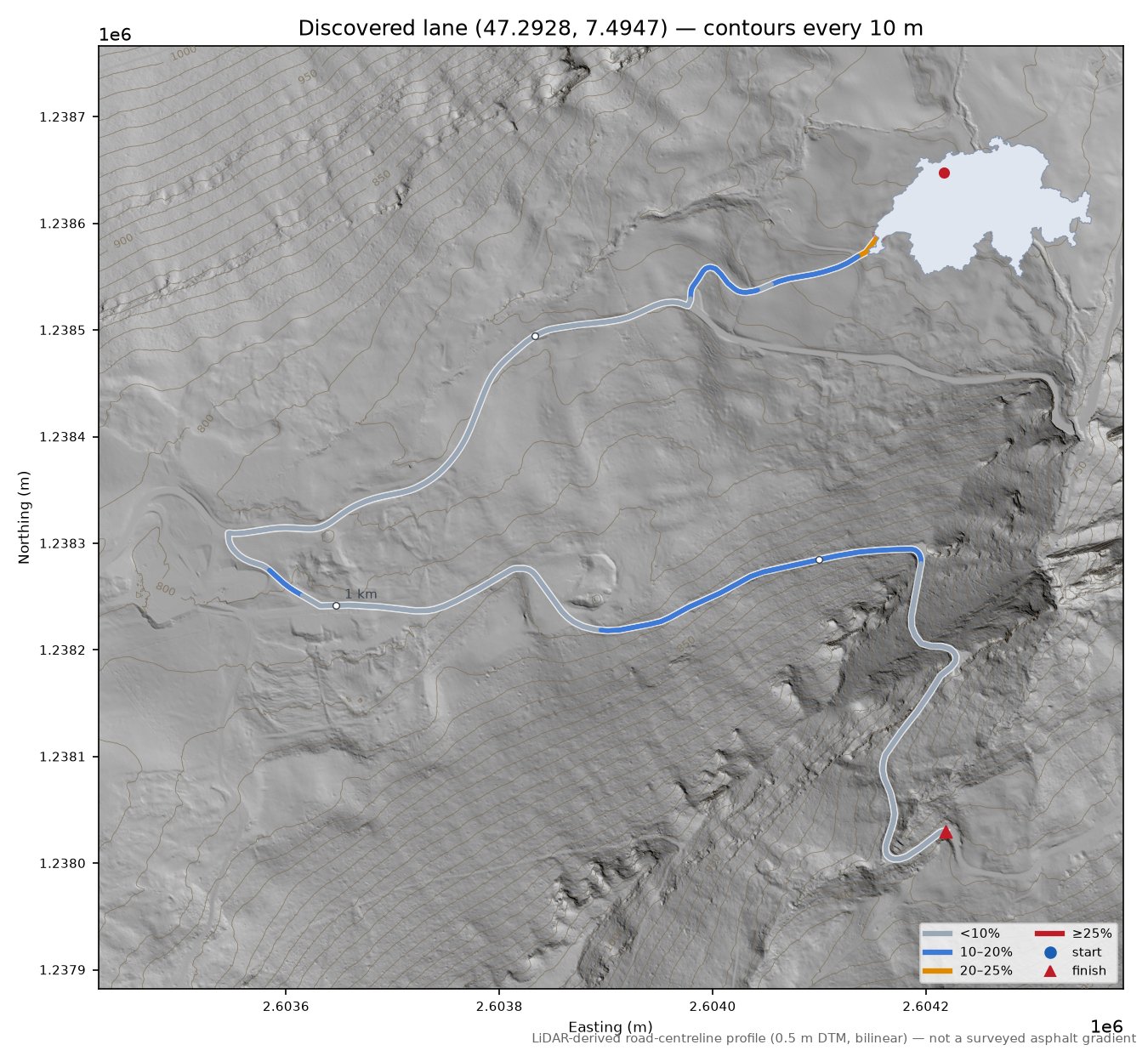 Discovered lane (47.2928, 7.4947) LiDAR hillshade map with contours