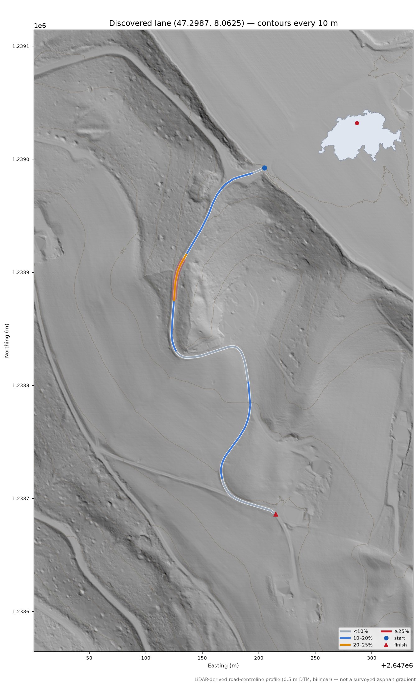 Discovered lane (47.2987, 8.0625) LiDAR hillshade map with contours