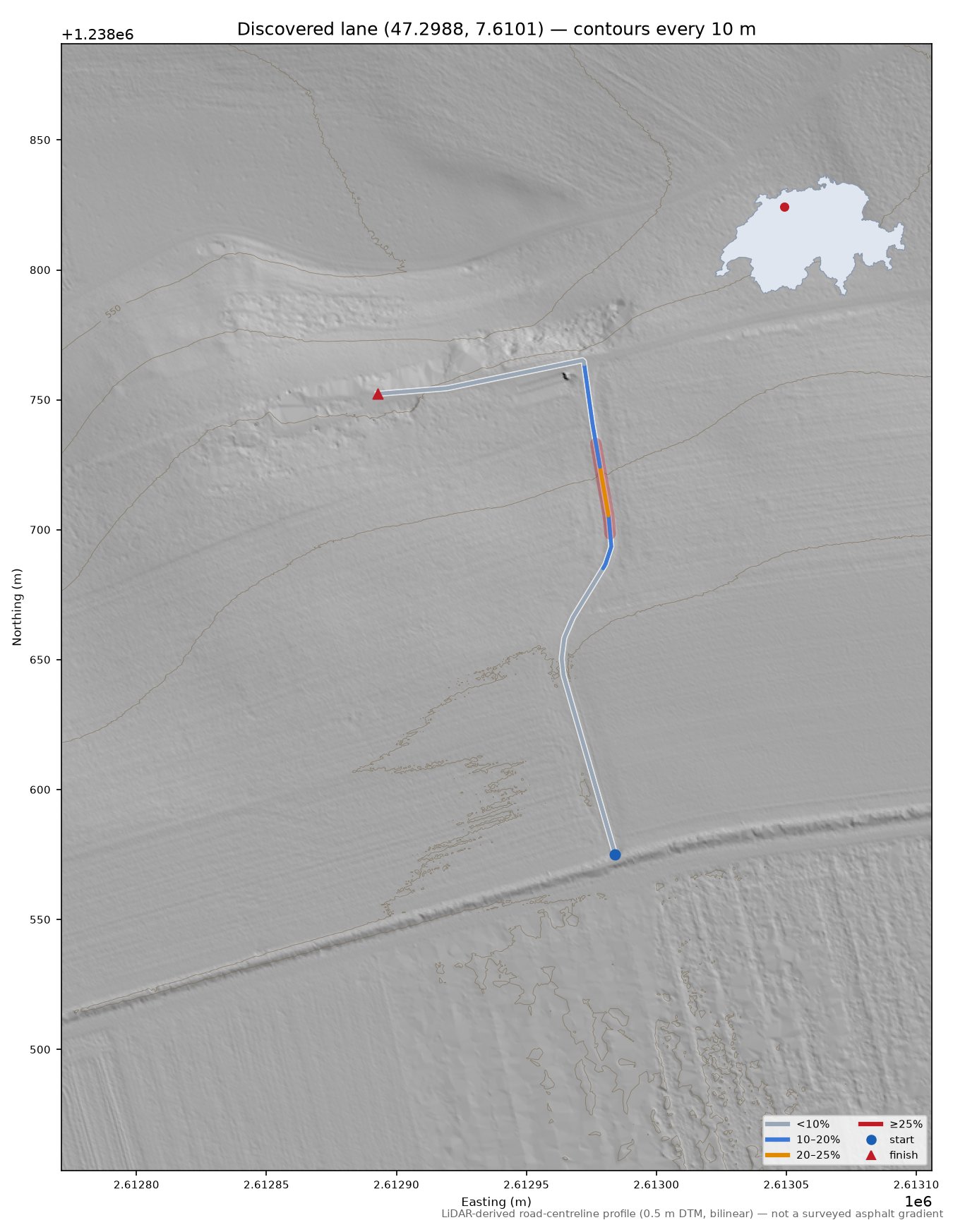 Discovered lane (47.2988, 7.6101) LiDAR hillshade map with contours