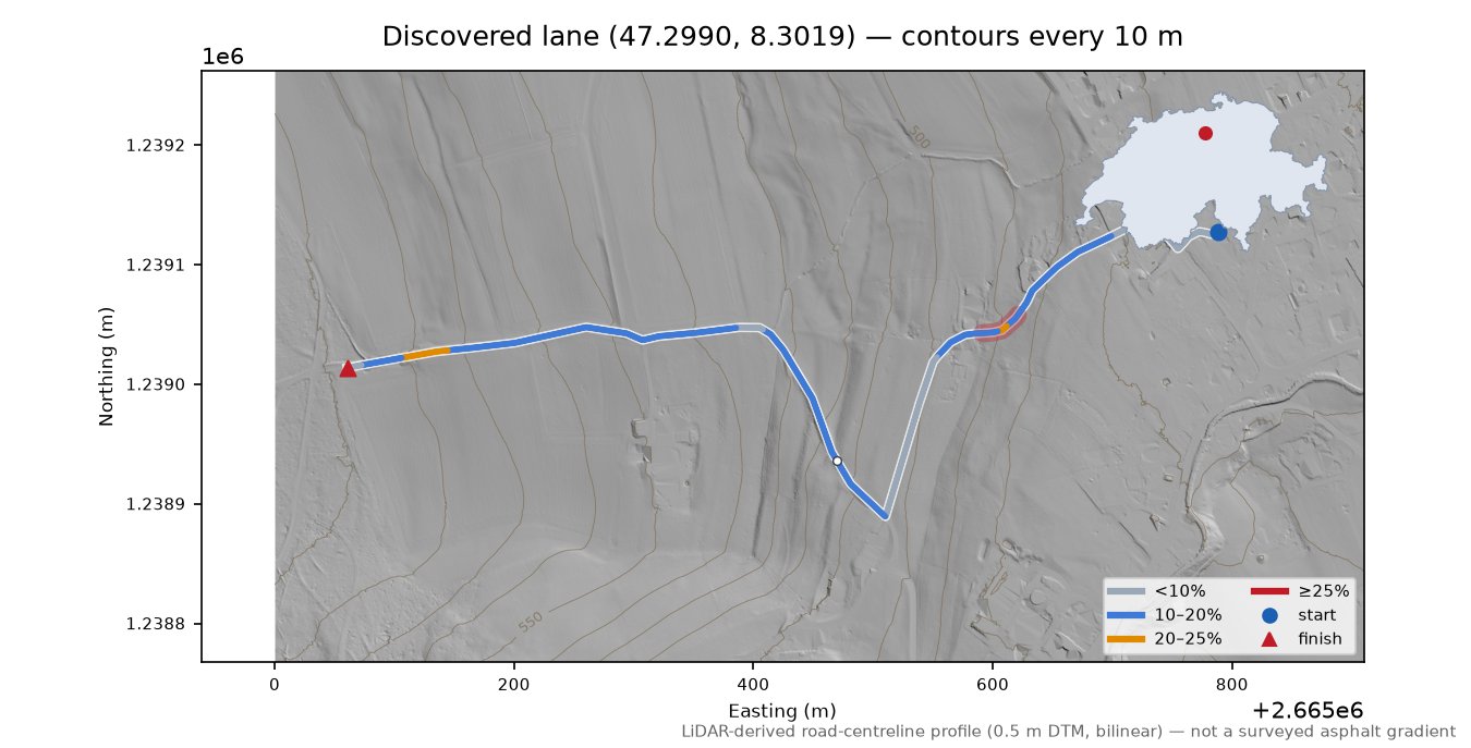Discovered lane (47.2990, 8.3019) LiDAR hillshade map with contours