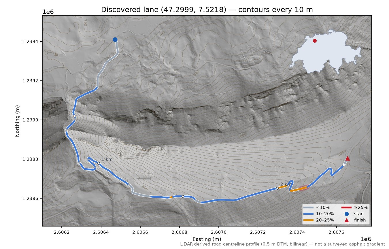 Discovered lane (47.2999, 7.5218) LiDAR hillshade map with contours