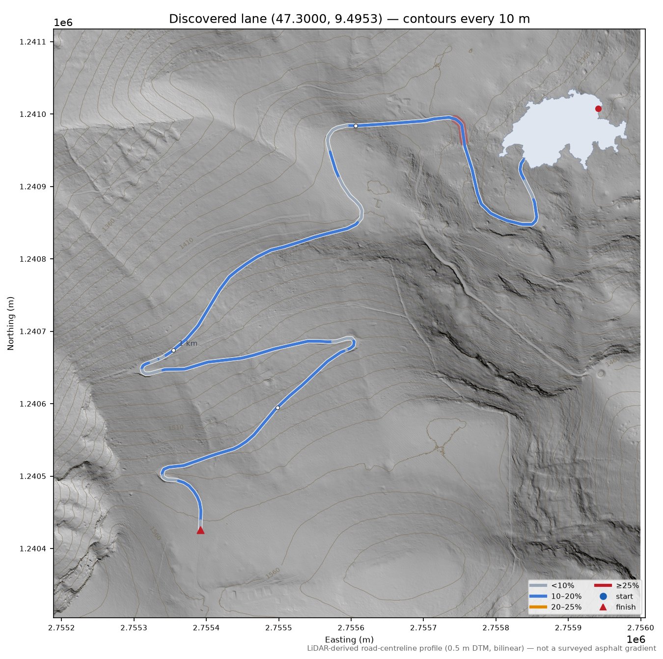 Discovered lane (47.3000, 9.4953) LiDAR hillshade map with contours