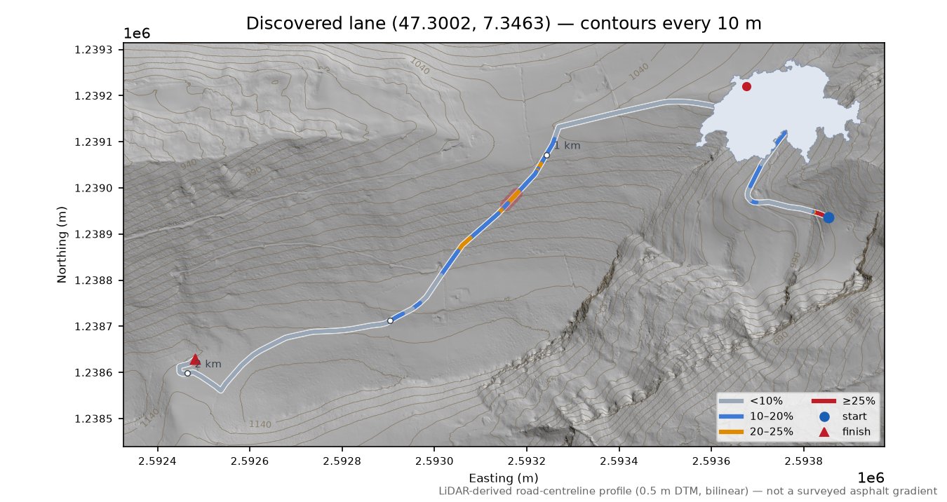Discovered lane (47.3002, 7.3463) LiDAR hillshade map with contours