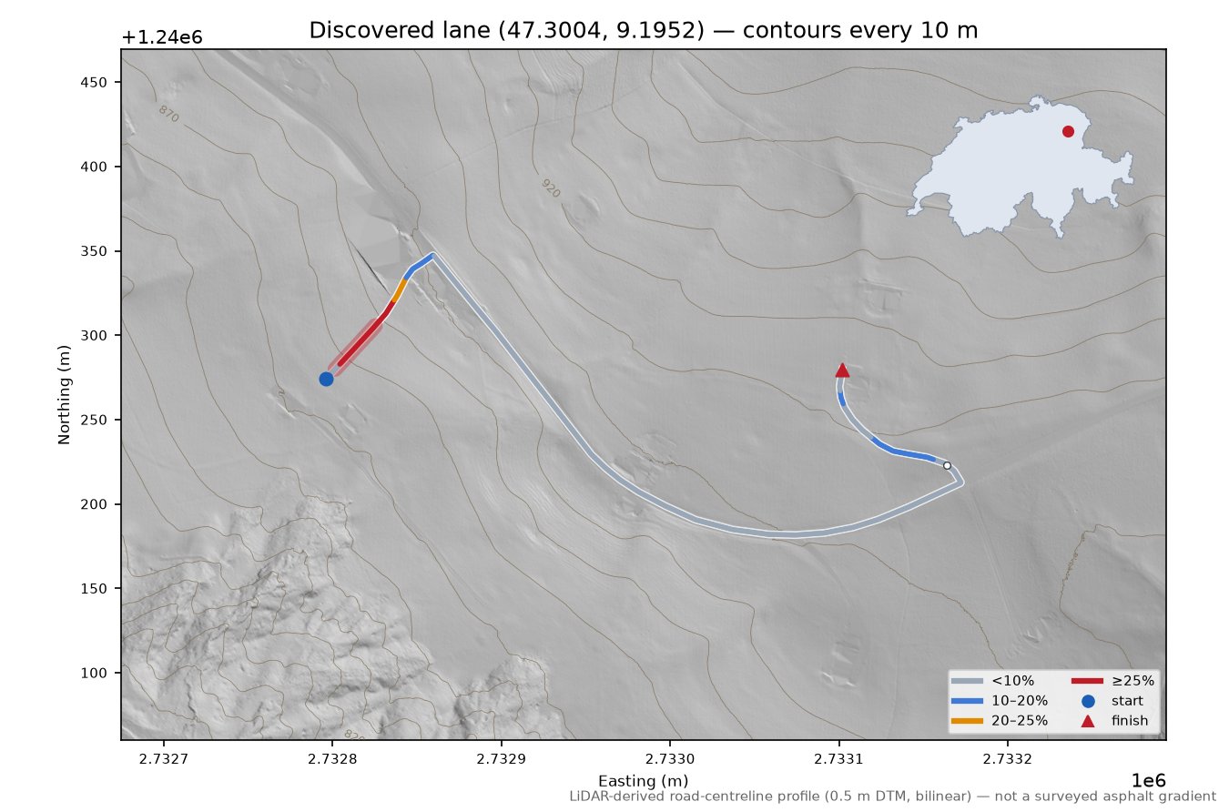 Discovered lane (47.3004, 9.1952) LiDAR hillshade map with contours