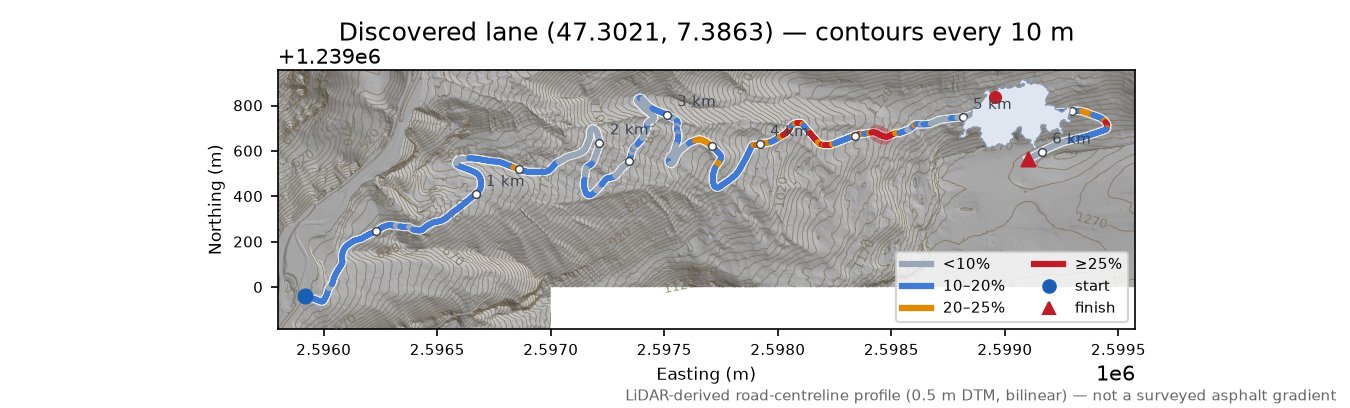 Discovered lane (47.3021, 7.3863) LiDAR hillshade map with contours