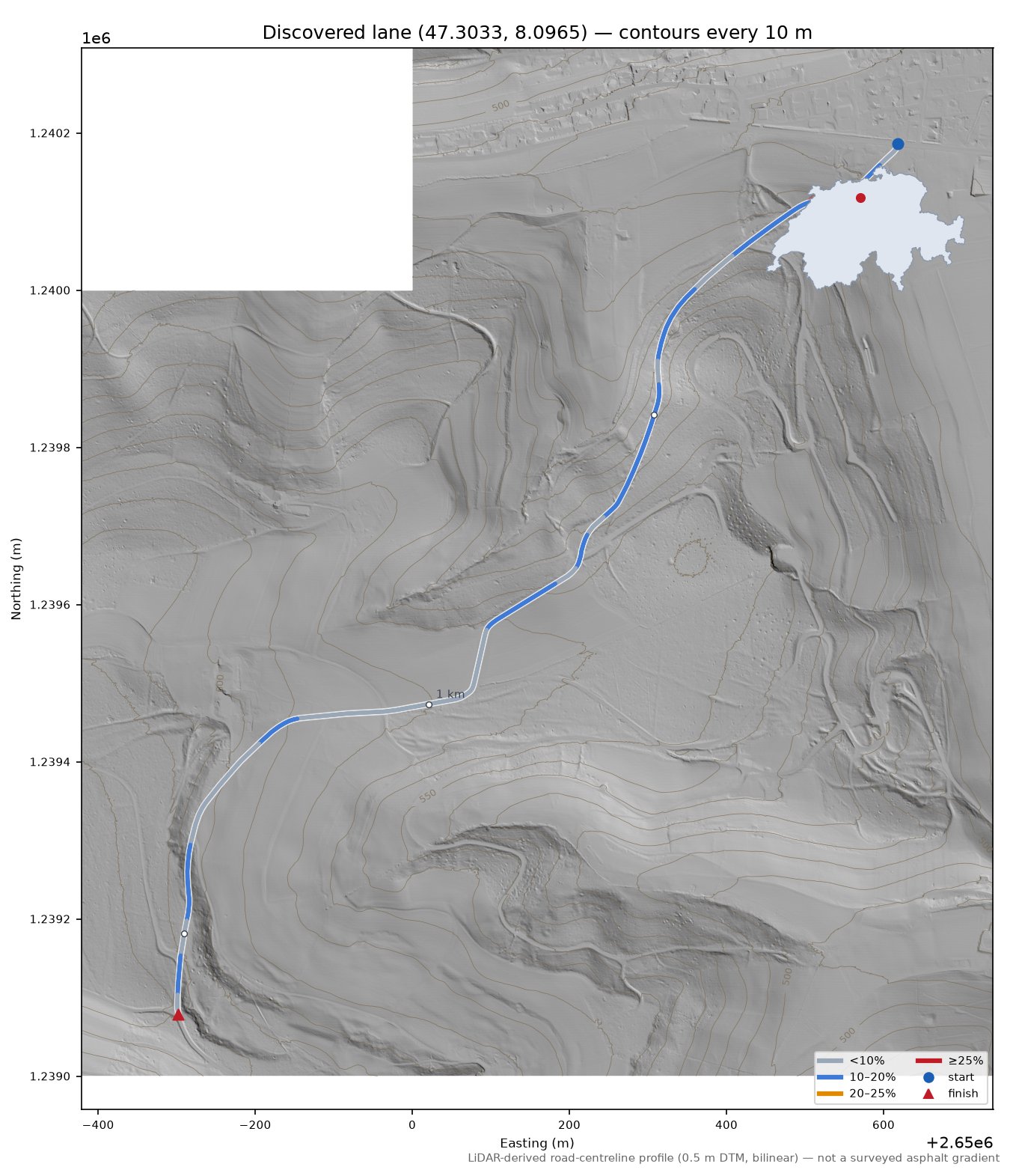 Discovered lane (47.3033, 8.0965) LiDAR hillshade map with contours