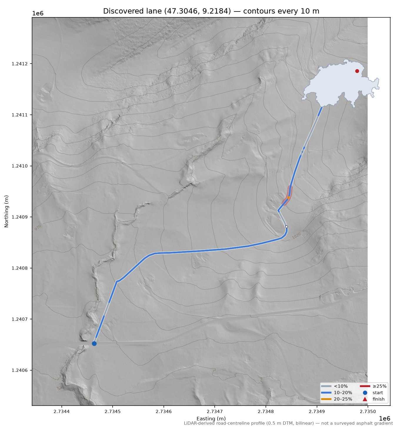 Discovered lane (47.3046, 9.2184) LiDAR hillshade map with contours