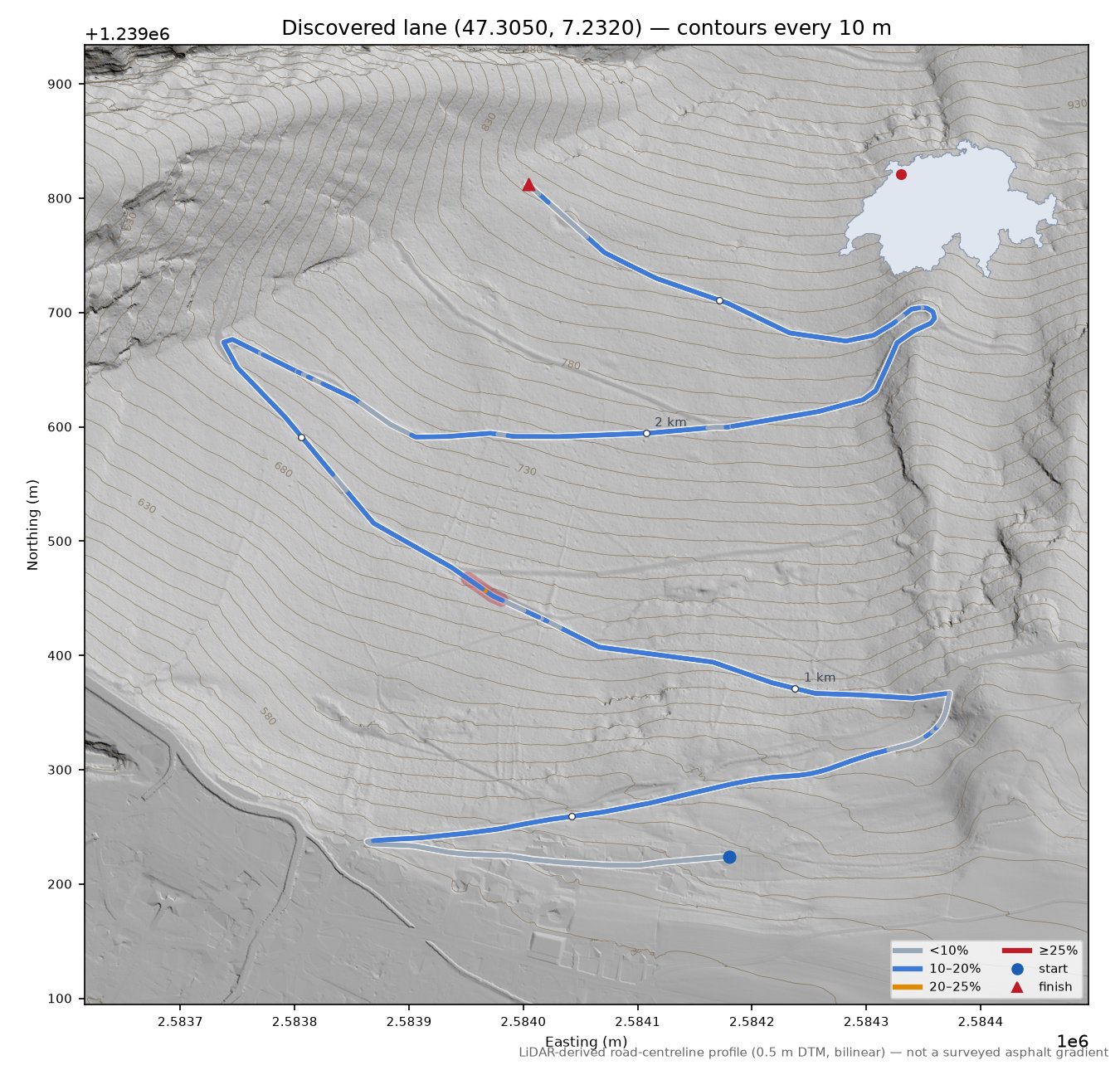 Discovered lane (47.3050, 7.2320) LiDAR hillshade map with contours