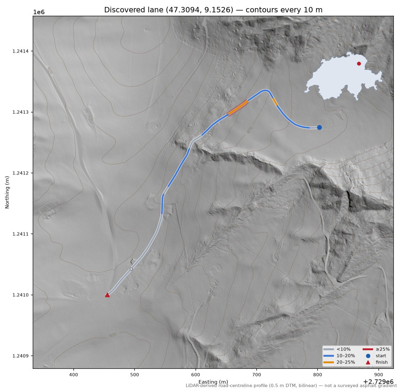 Discovered lane (47.3094, 9.1526) LiDAR hillshade map with contours