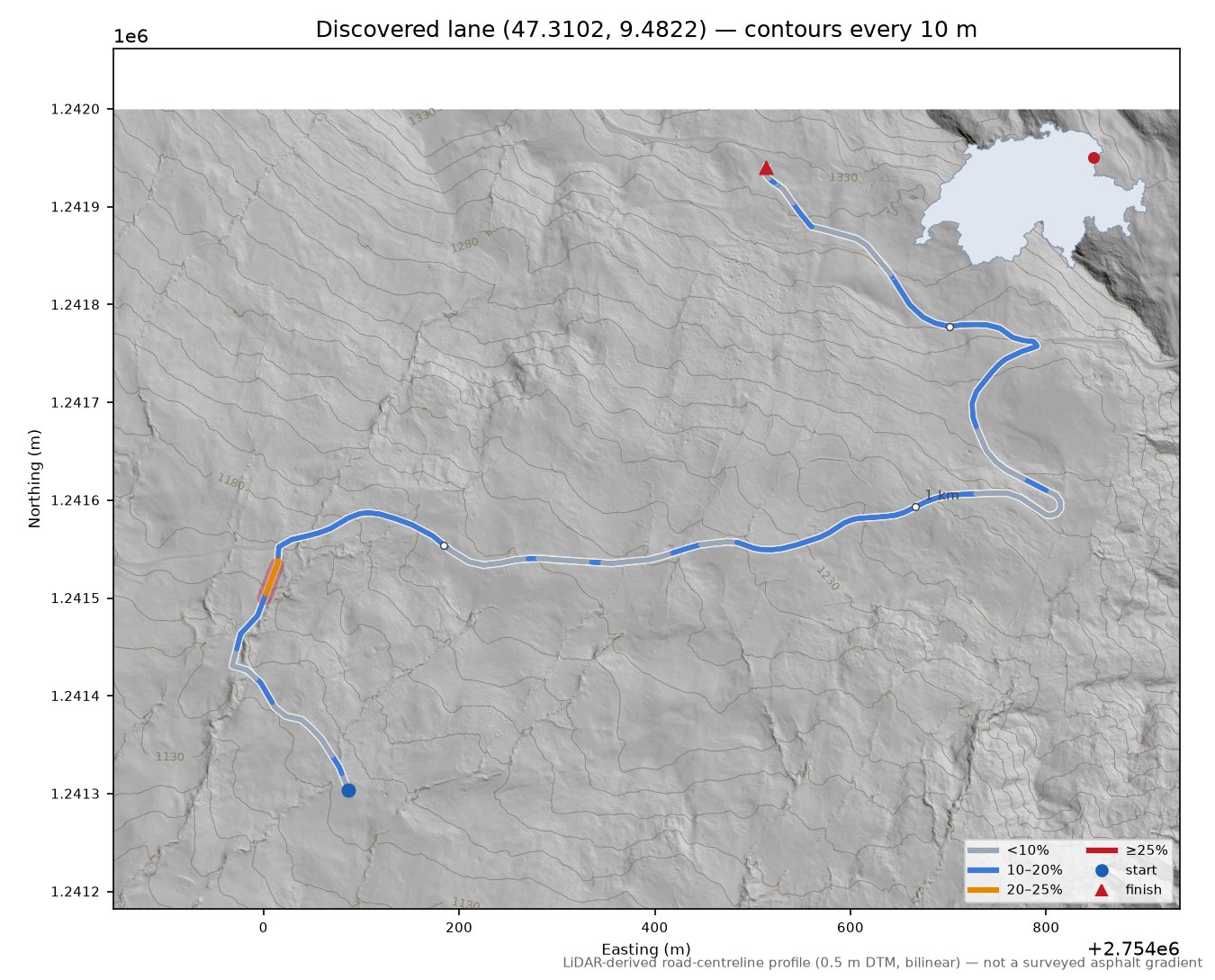 Discovered lane (47.3102, 9.4822) LiDAR hillshade map with contours