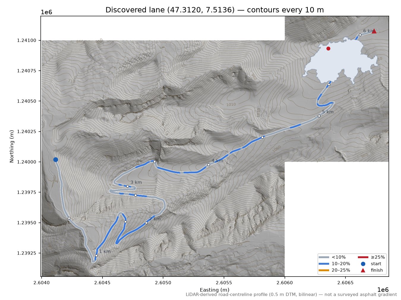 Discovered lane (47.3120, 7.5136) LiDAR hillshade map with contours