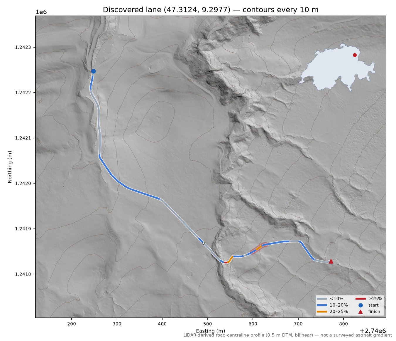 Discovered lane (47.3124, 9.2977) LiDAR hillshade map with contours