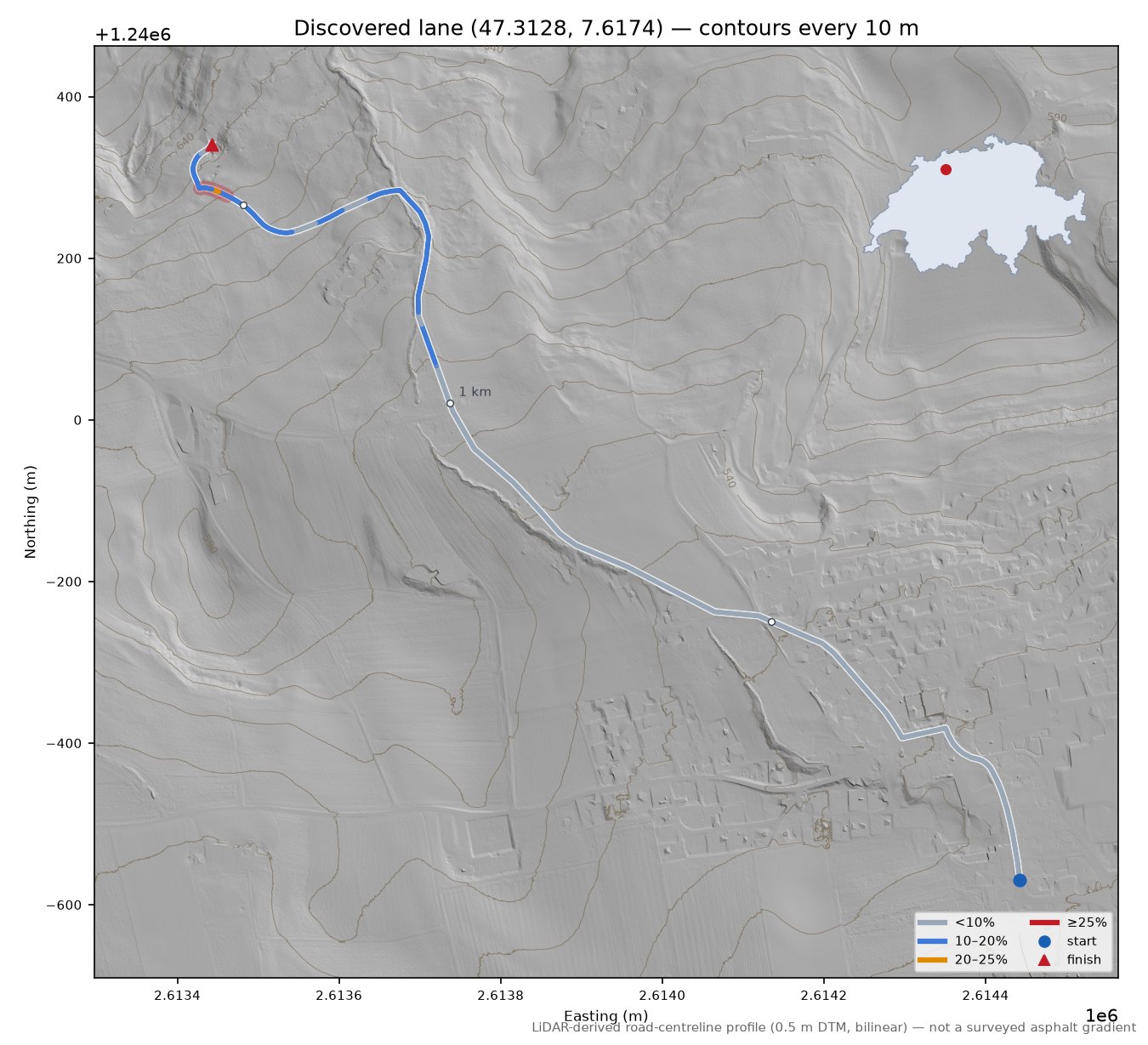 Discovered lane (47.3128, 7.6174) LiDAR hillshade map with contours