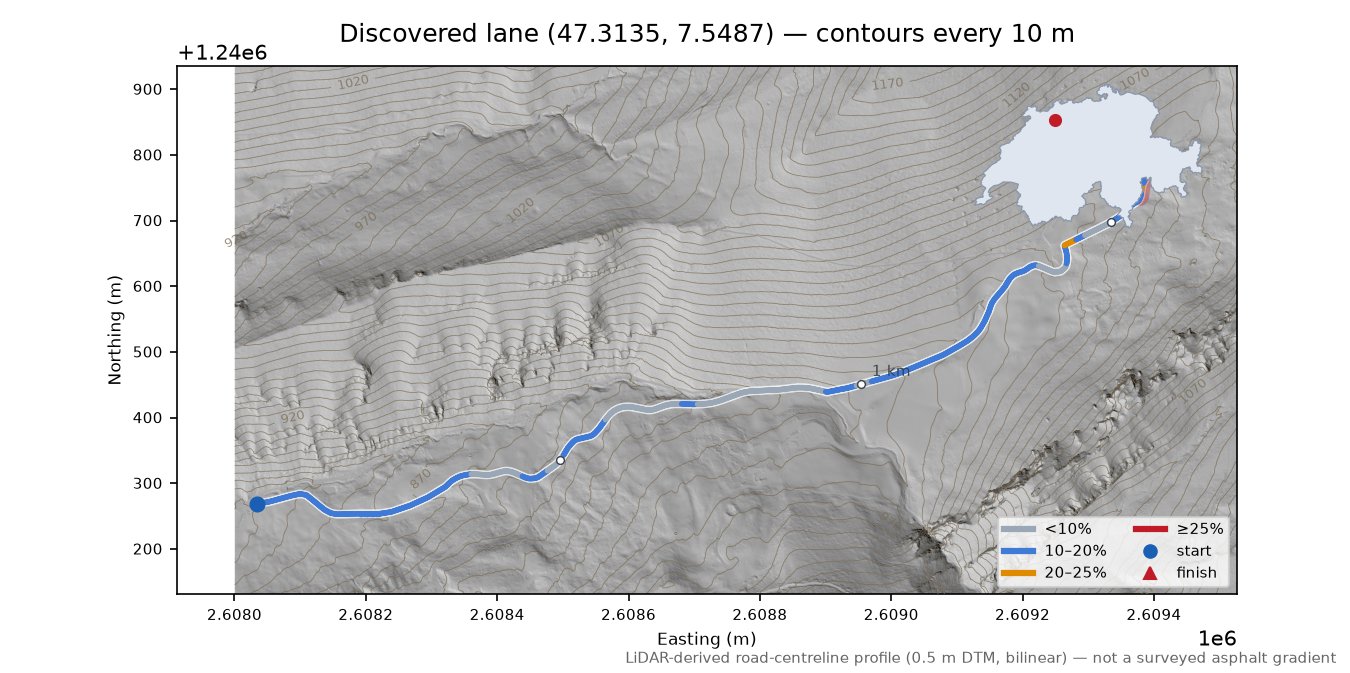 Discovered lane (47.3135, 7.5487) LiDAR hillshade map with contours