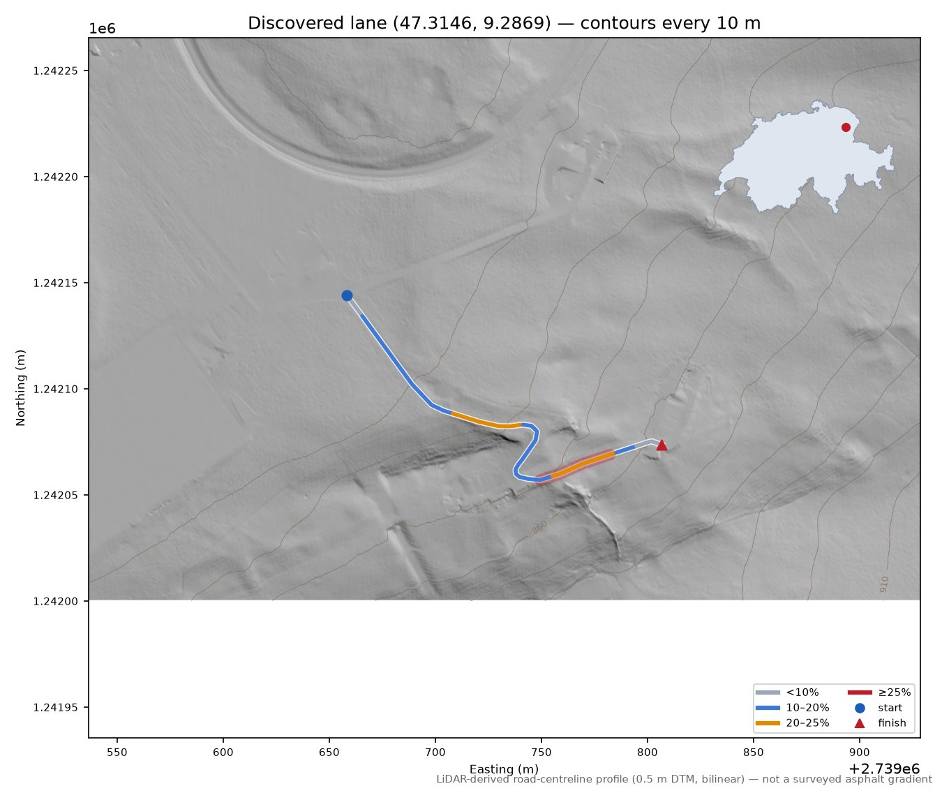 Discovered lane (47.3146, 9.2869) LiDAR hillshade map with contours
