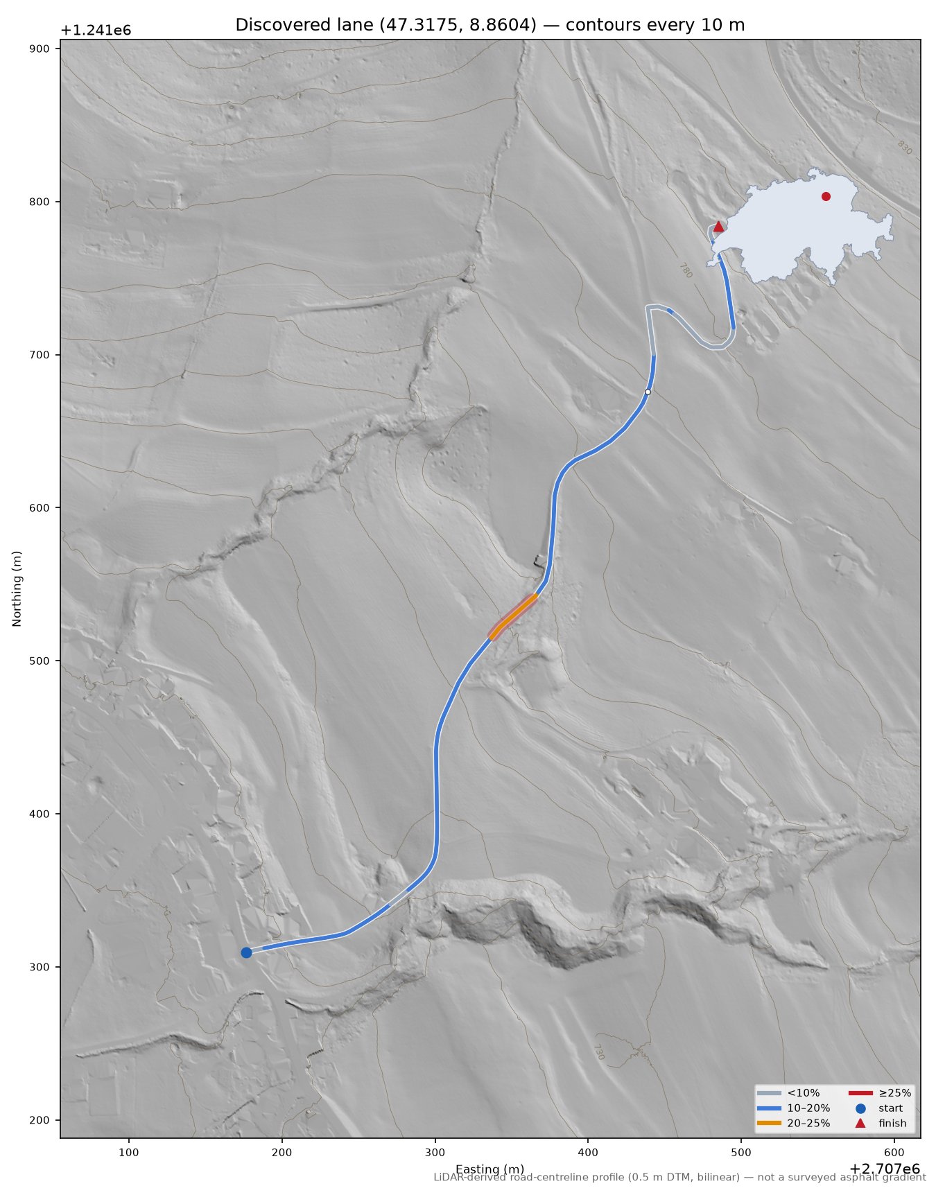 Discovered lane (47.3175, 8.8604) LiDAR hillshade map with contours