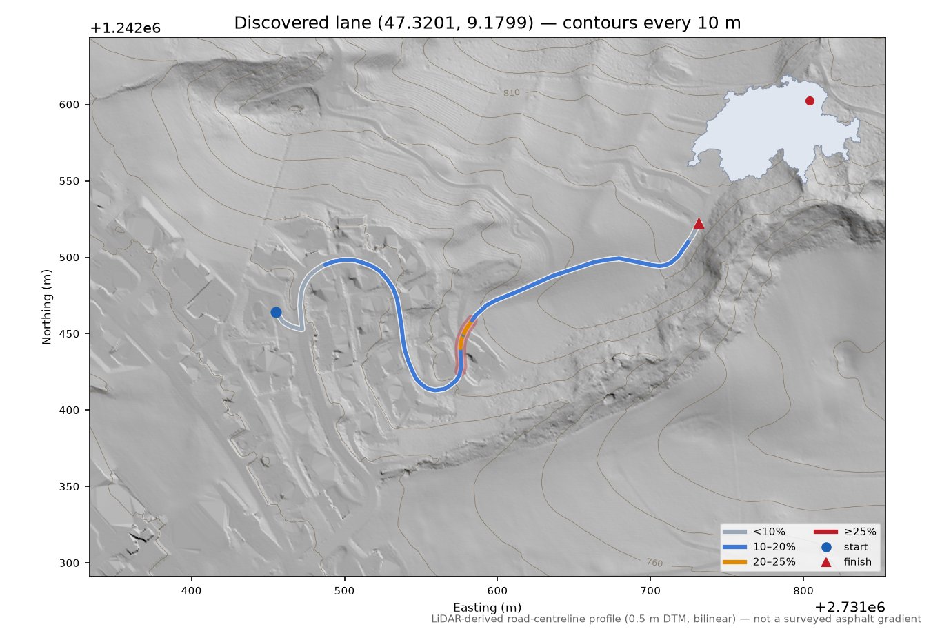 Discovered lane (47.3201, 9.1799) LiDAR hillshade map with contours