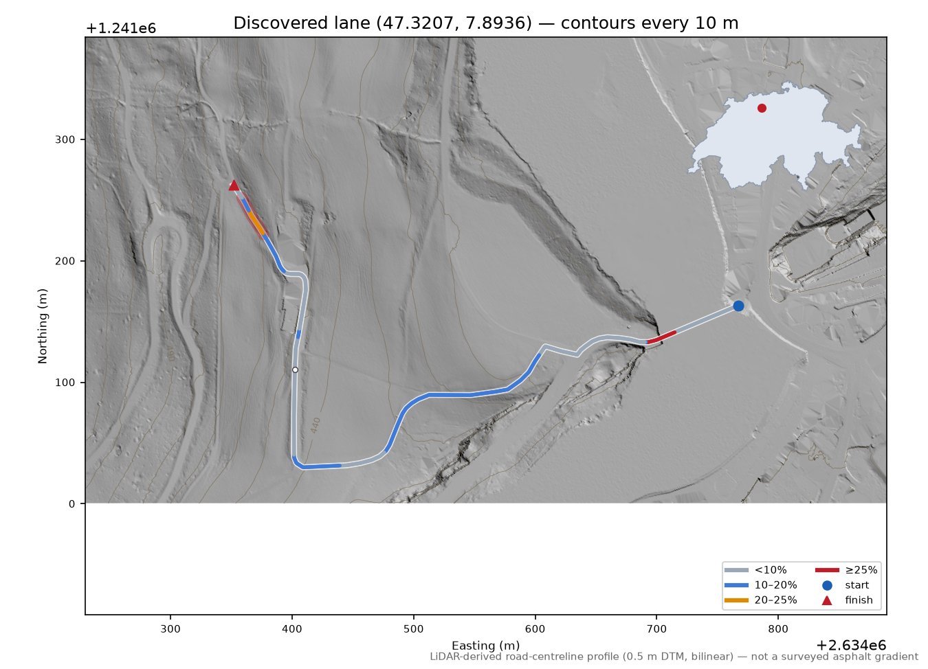 Discovered lane (47.3207, 7.8936) LiDAR hillshade map with contours