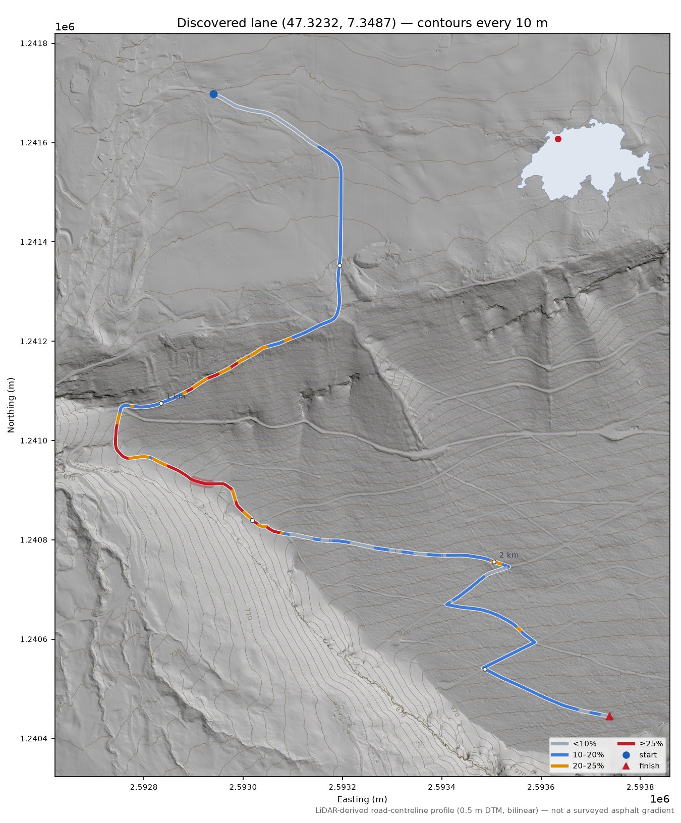 Discovered lane (47.3232, 7.3487) LiDAR hillshade map with contours
