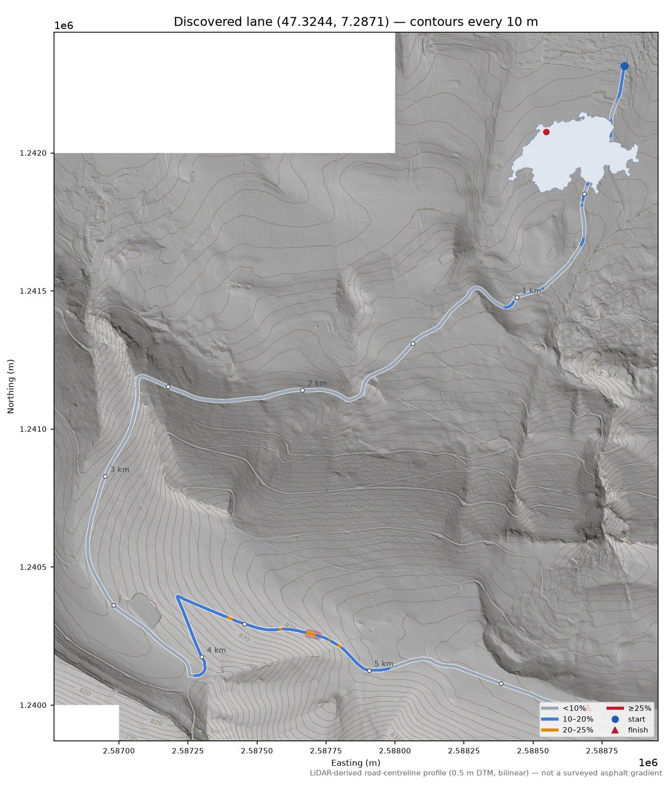 Discovered lane (47.3244, 7.2871) LiDAR hillshade map with contours