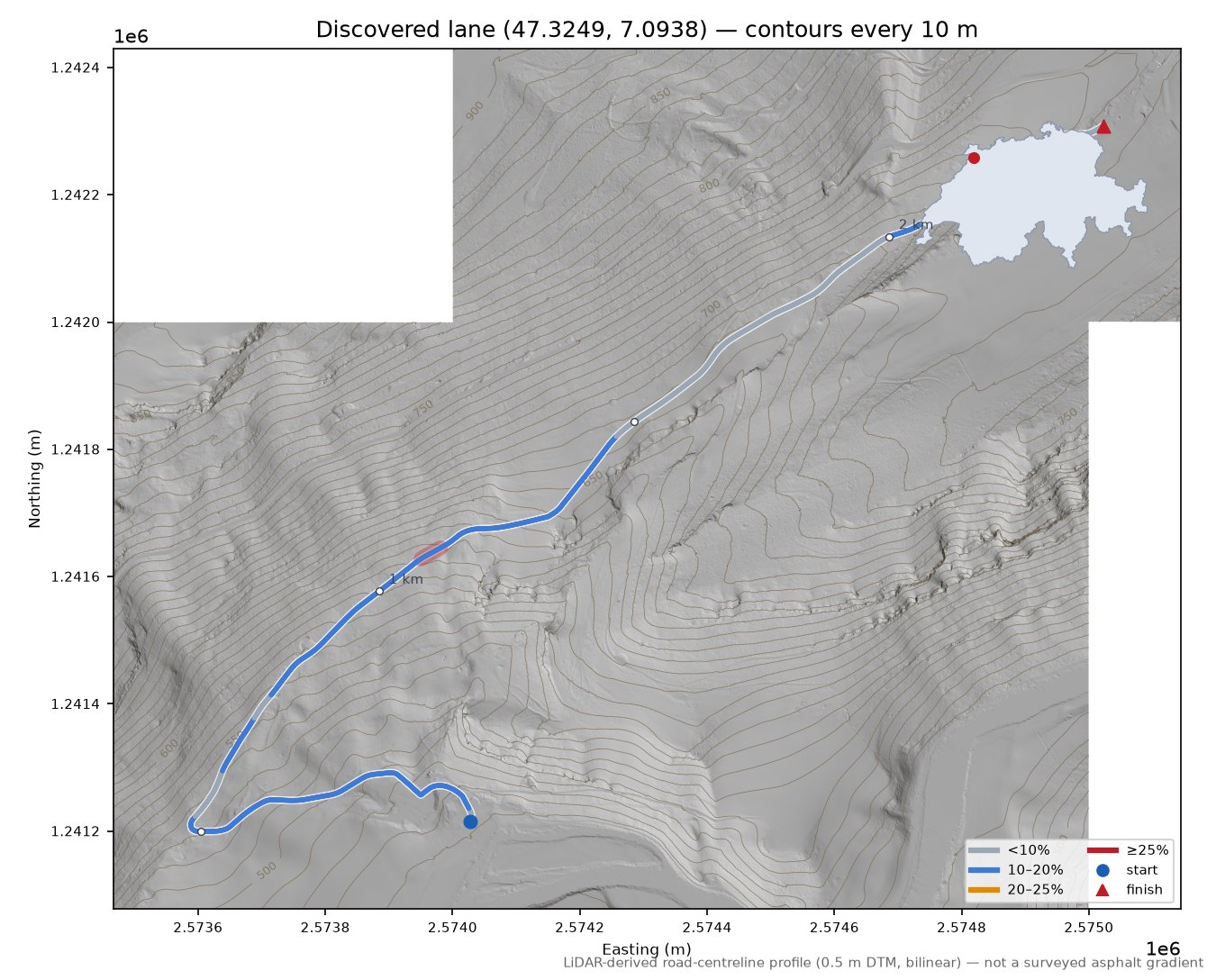 Discovered lane (47.3249, 7.0938) LiDAR hillshade map with contours
