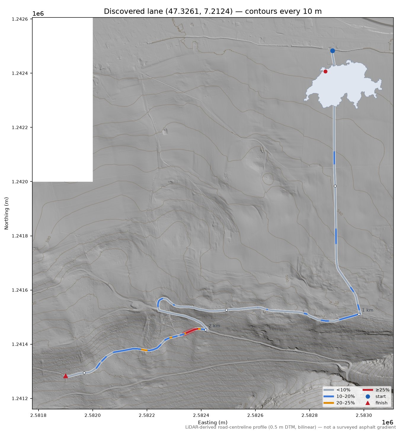 Discovered lane (47.3261, 7.2124) LiDAR hillshade map with contours