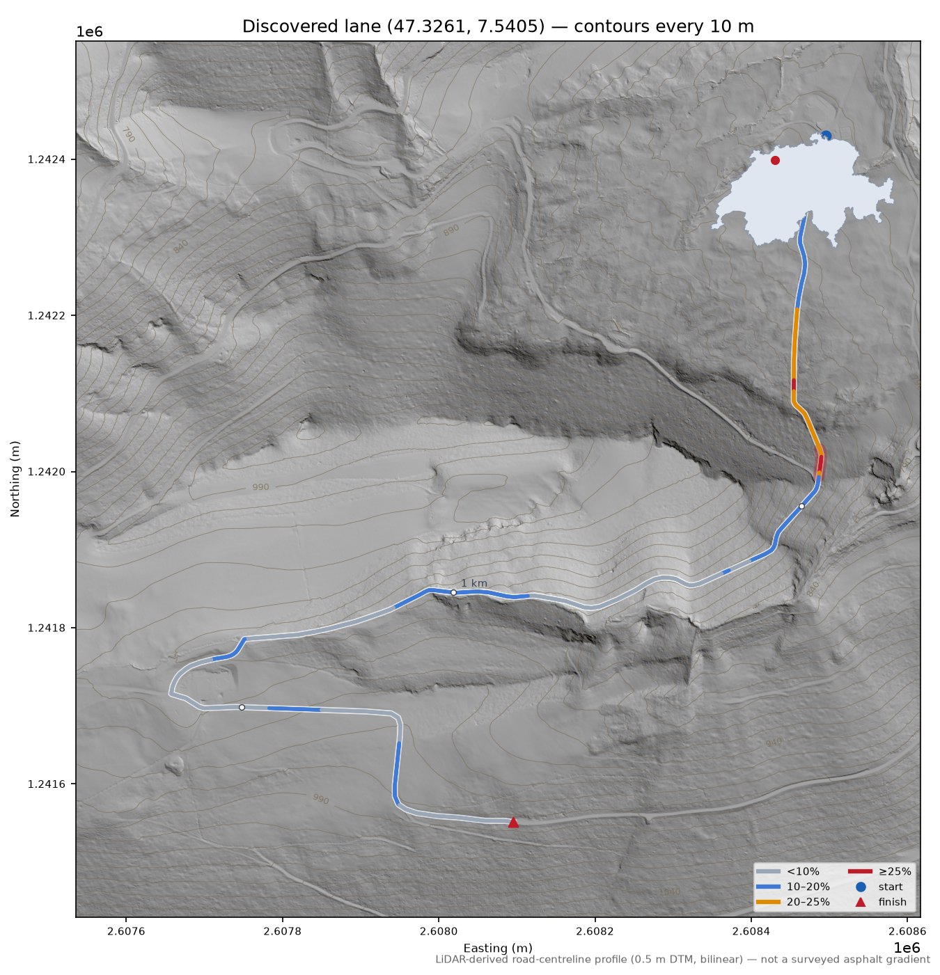 Discovered lane (47.3261, 7.5405) LiDAR hillshade map with contours