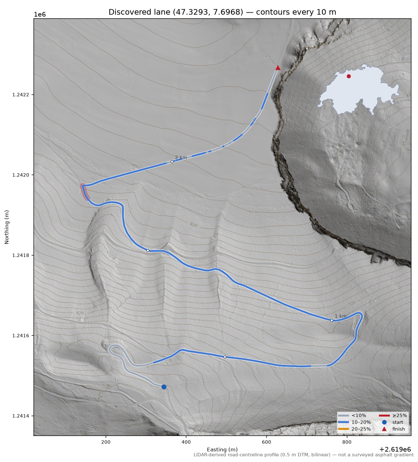 Discovered lane (47.3293, 7.6968) LiDAR hillshade map with contours