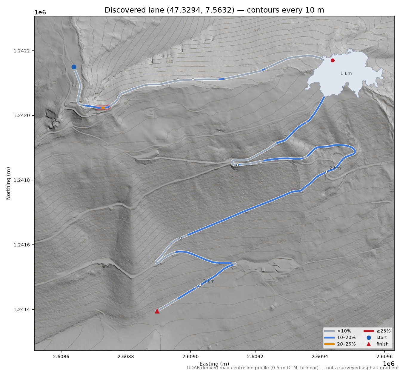 Discovered lane (47.3294, 7.5632) LiDAR hillshade map with contours