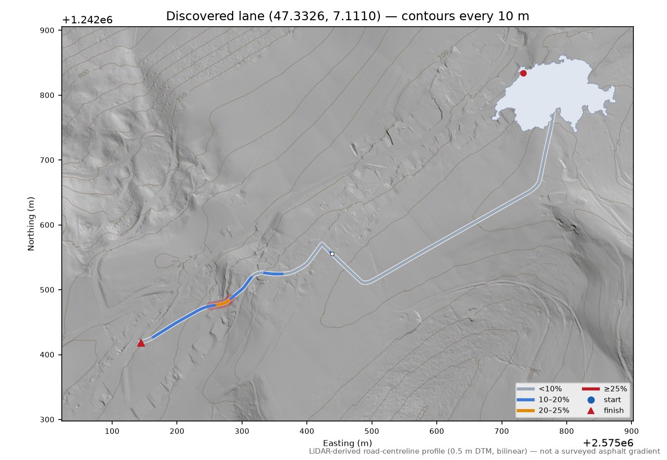 Discovered lane (47.3326, 7.1110) LiDAR hillshade map with contours