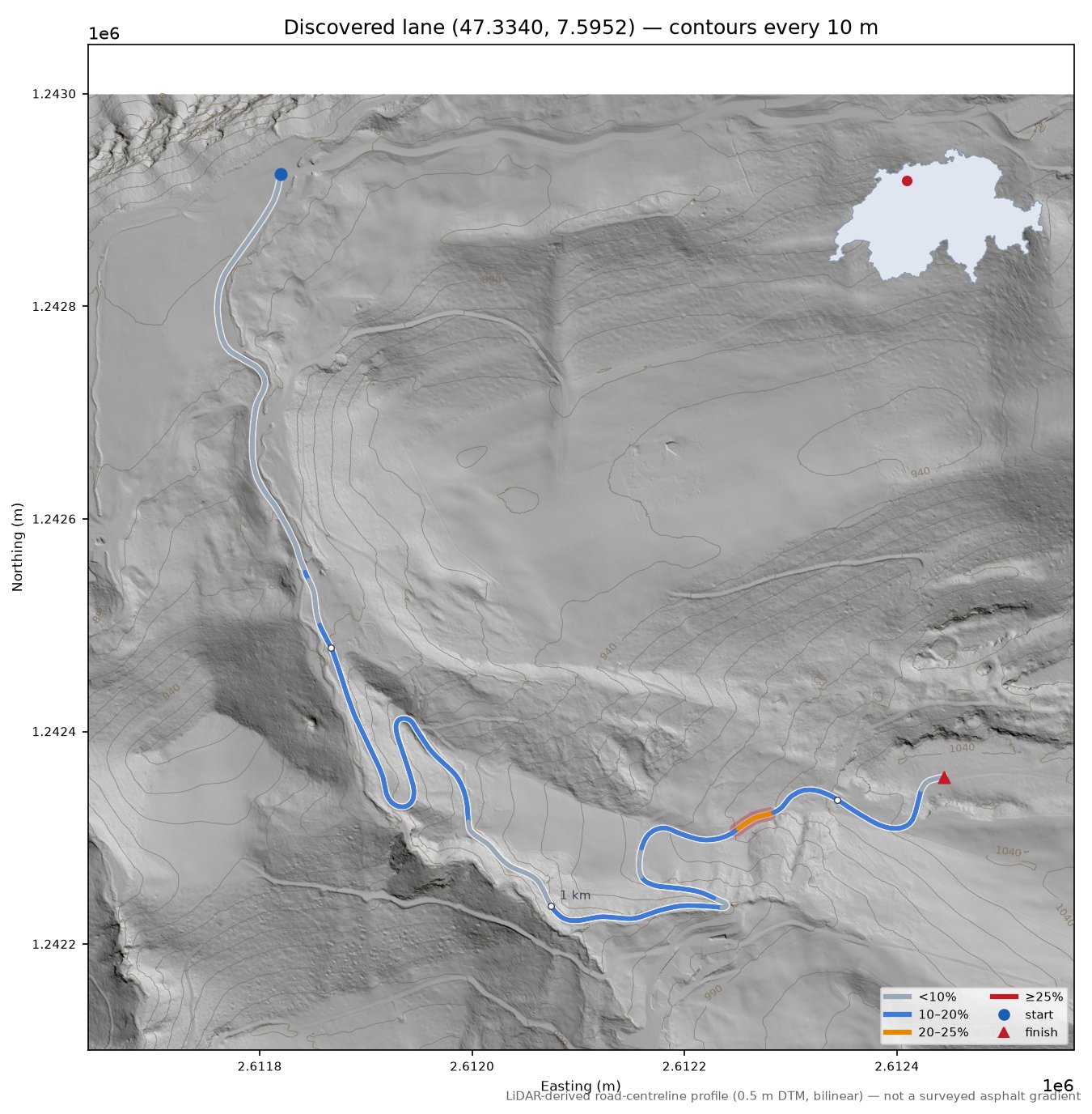 Discovered lane (47.3340, 7.5952) LiDAR hillshade map with contours