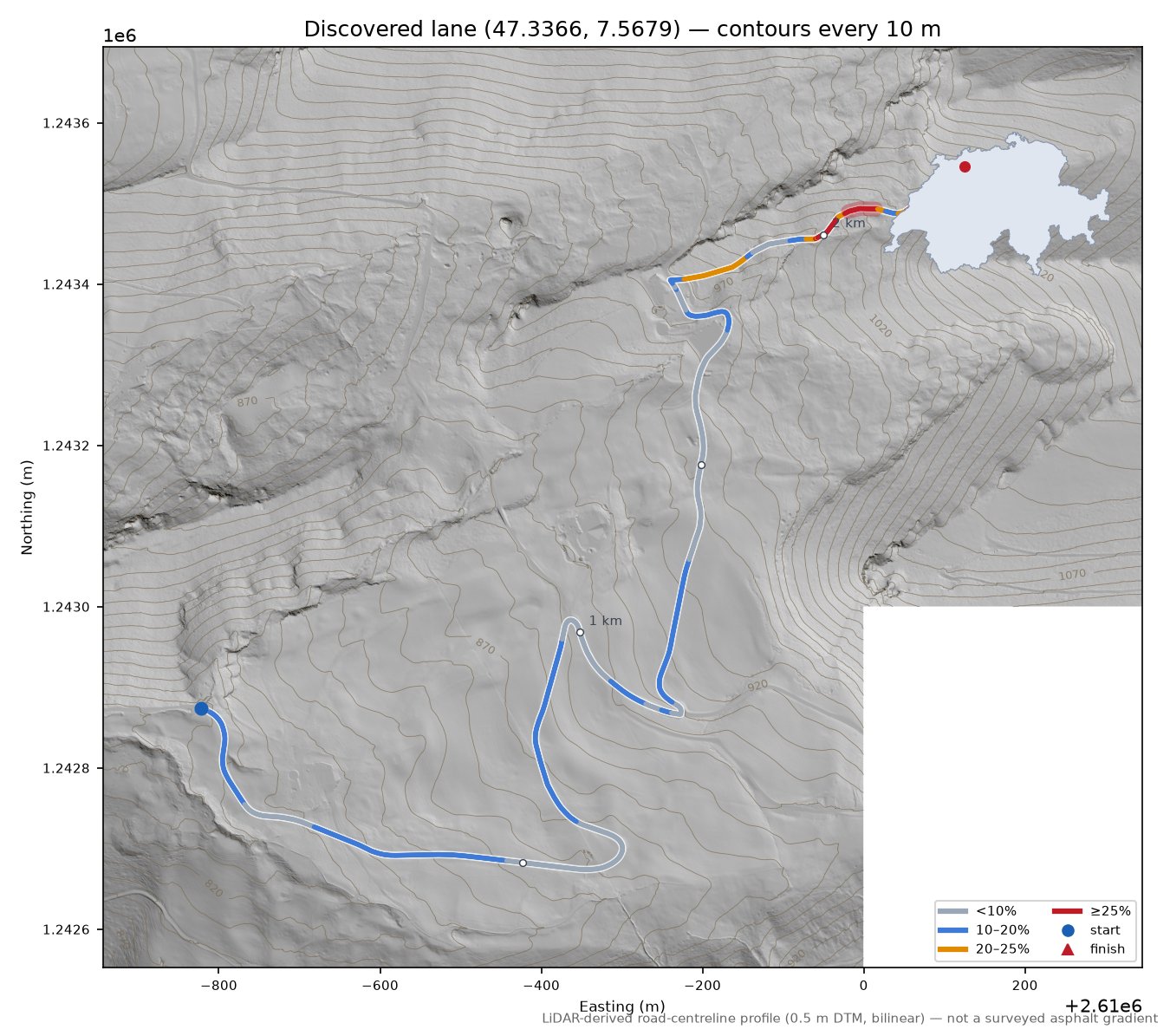 Discovered lane (47.3366, 7.5679) LiDAR hillshade map with contours