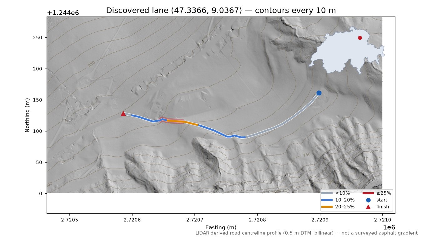 Discovered lane (47.3366, 9.0367) LiDAR hillshade map with contours
