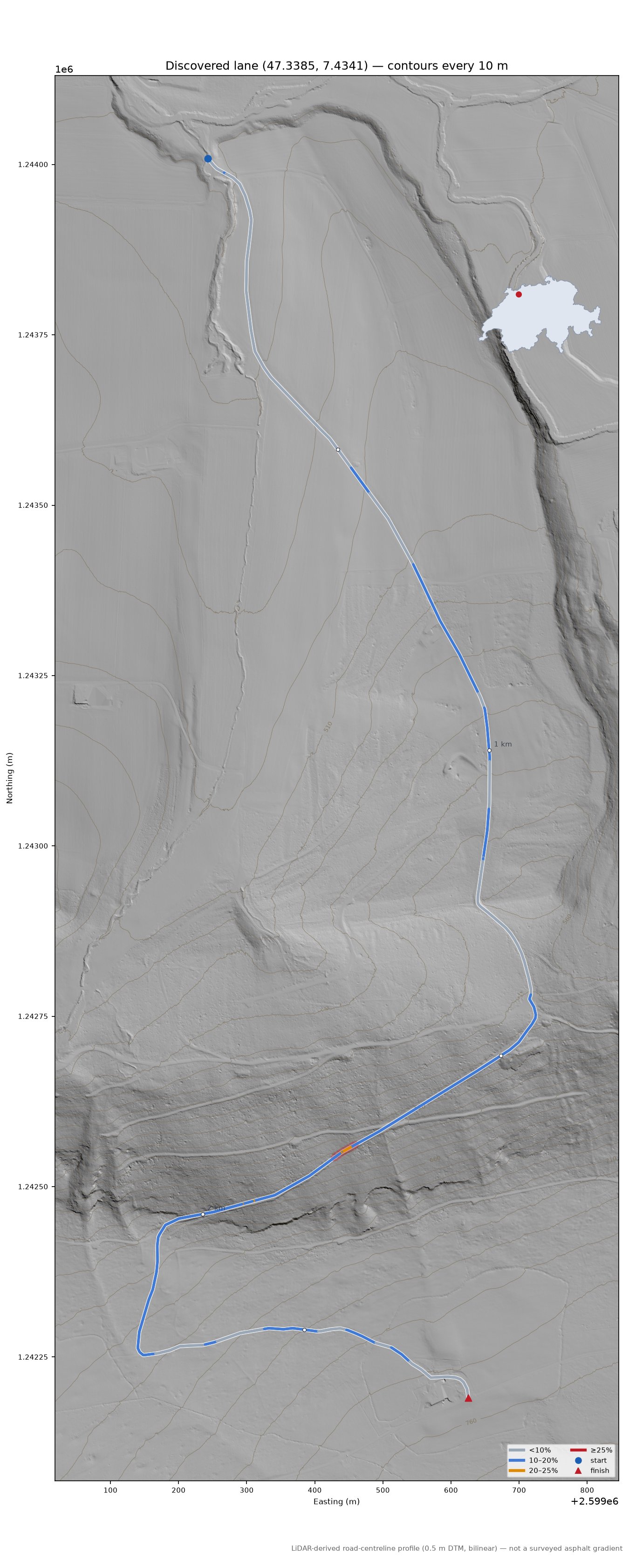 Discovered lane (47.3385, 7.4341) LiDAR hillshade map with contours