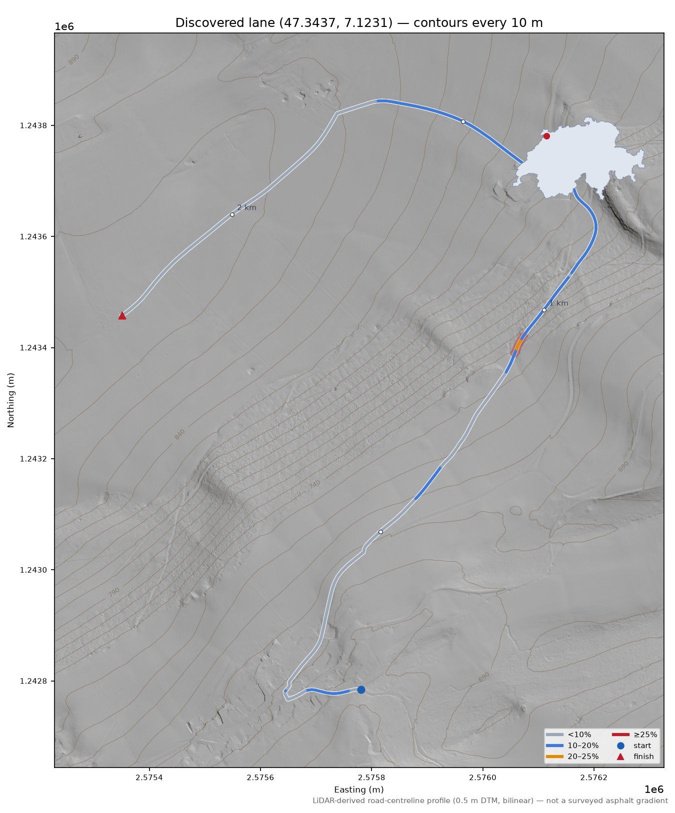 Discovered lane (47.3437, 7.1231) LiDAR hillshade map with contours