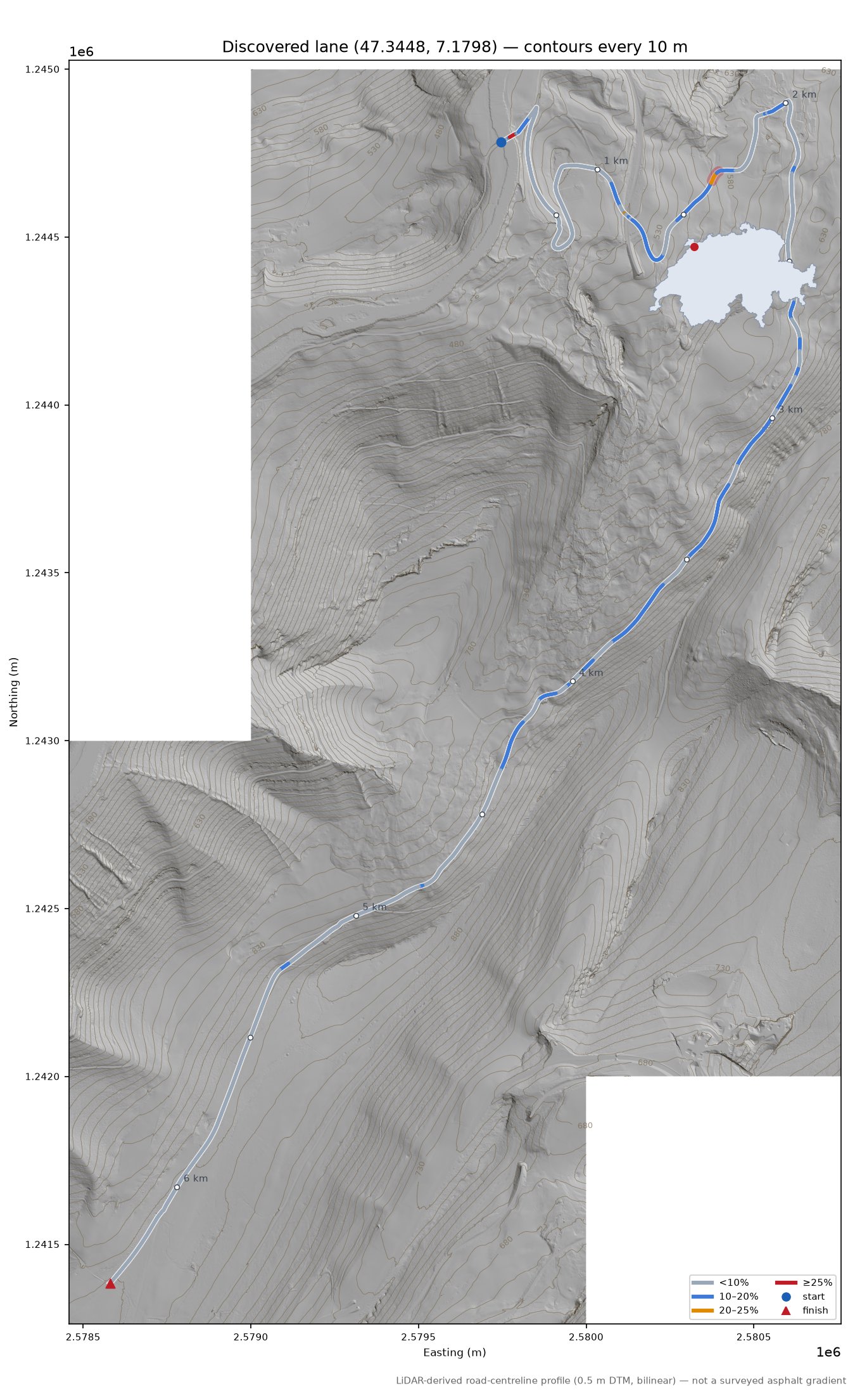 Discovered lane (47.3448, 7.1798) LiDAR hillshade map with contours