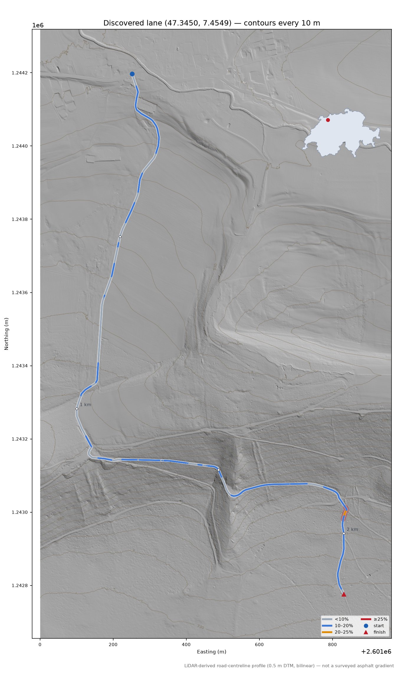 Discovered lane (47.3450, 7.4549) LiDAR hillshade map with contours