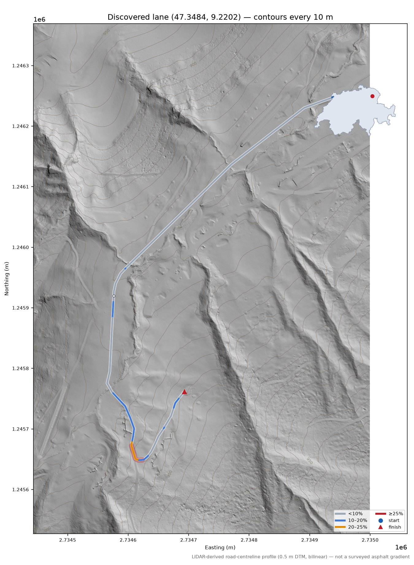 Discovered lane (47.3484, 9.2202) LiDAR hillshade map with contours