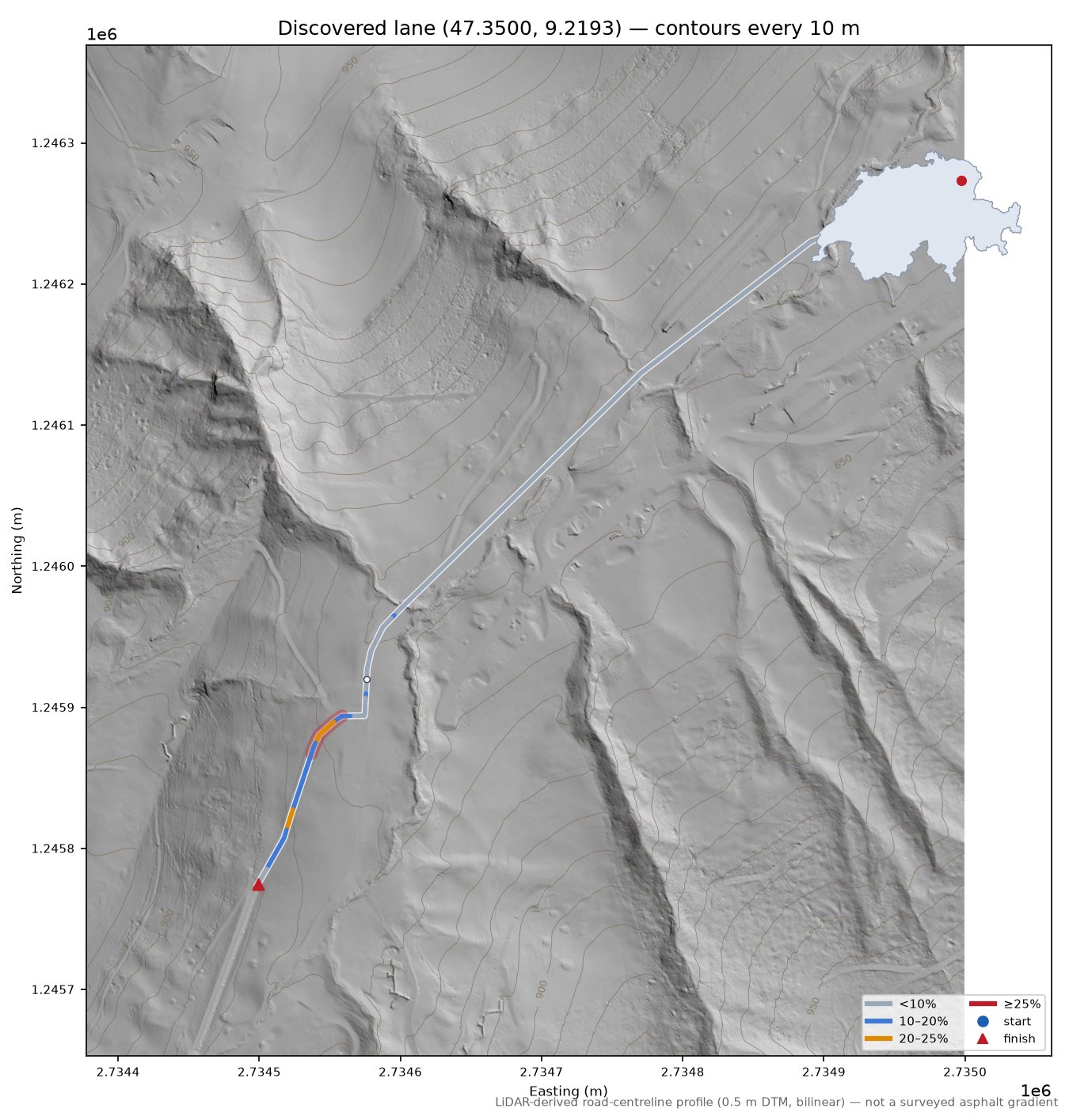 Discovered lane (47.3500, 9.2193) LiDAR hillshade map with contours