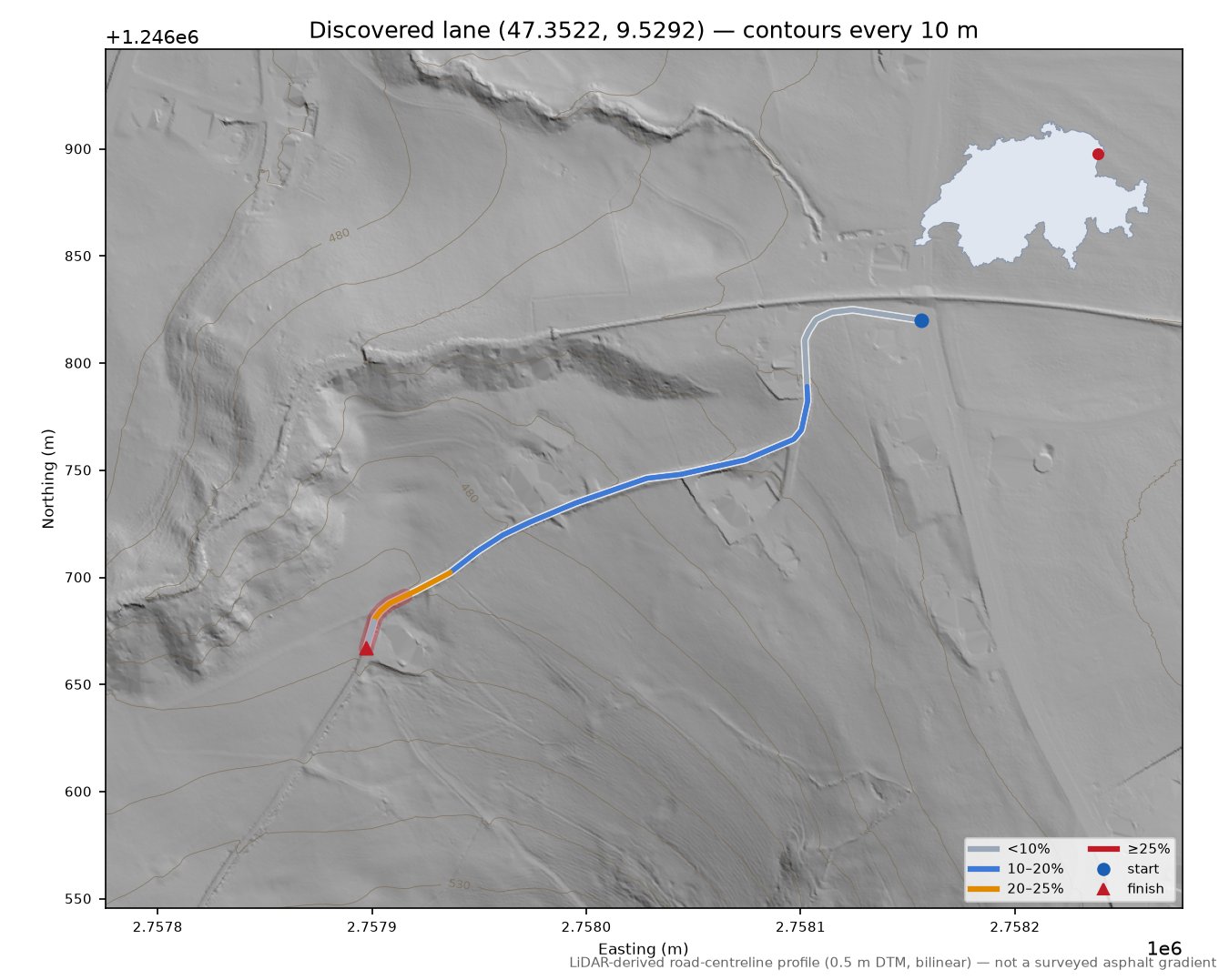 Discovered lane (47.3522, 9.5292) LiDAR hillshade map with contours