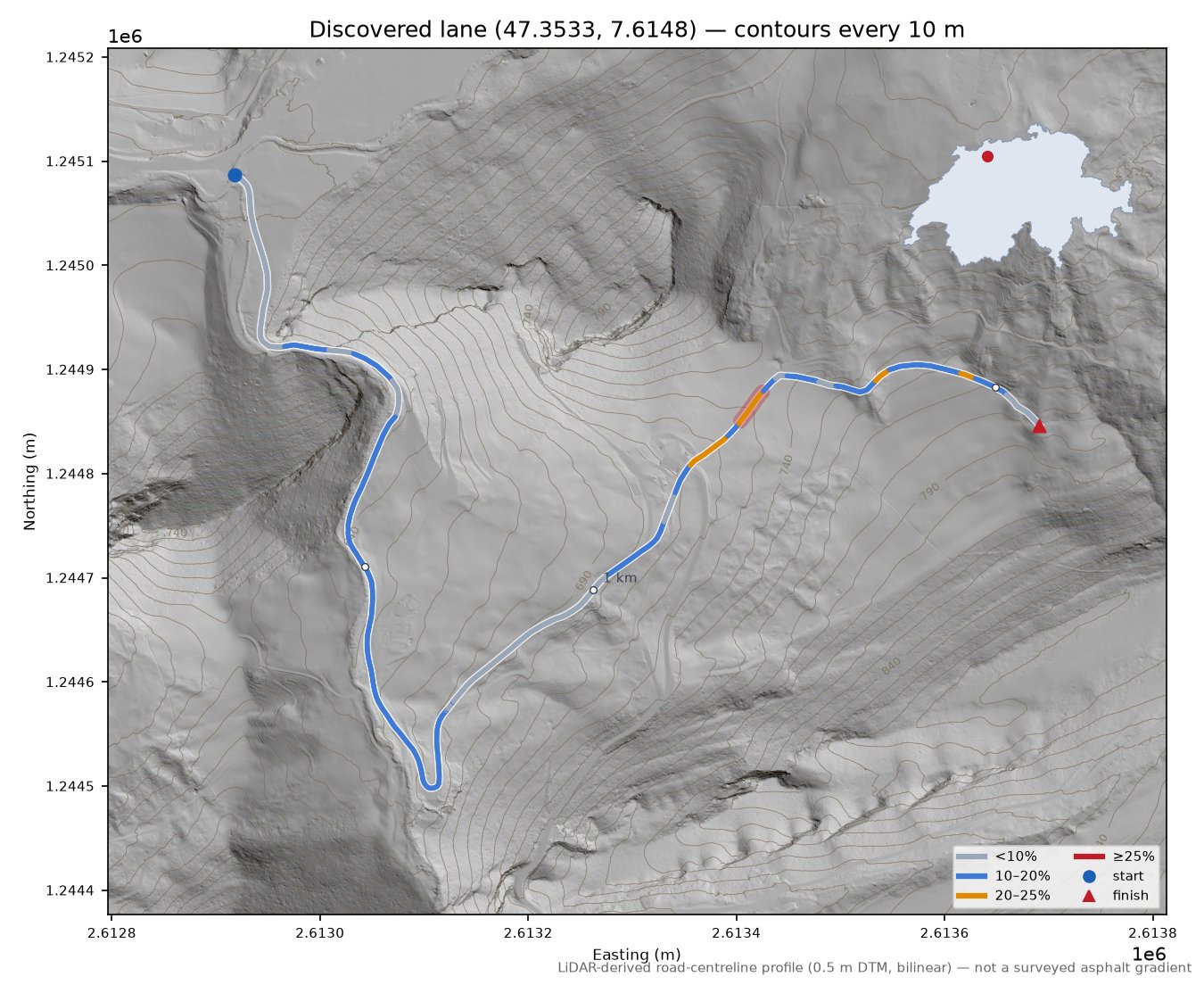 Discovered lane (47.3533, 7.6148) LiDAR hillshade map with contours