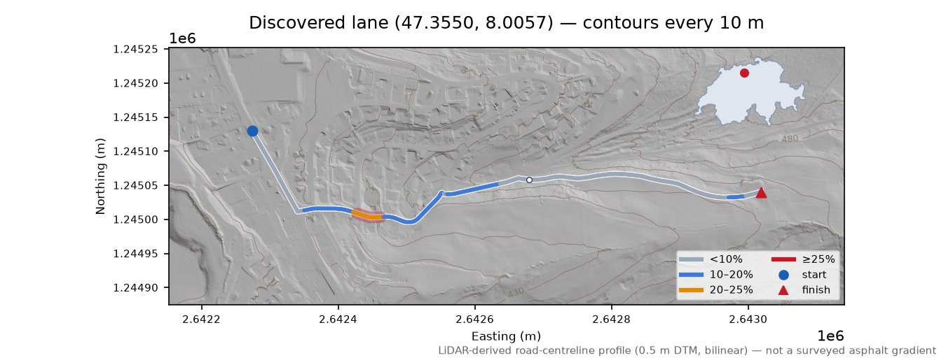 Discovered lane (47.3550, 8.0057) LiDAR hillshade map with contours