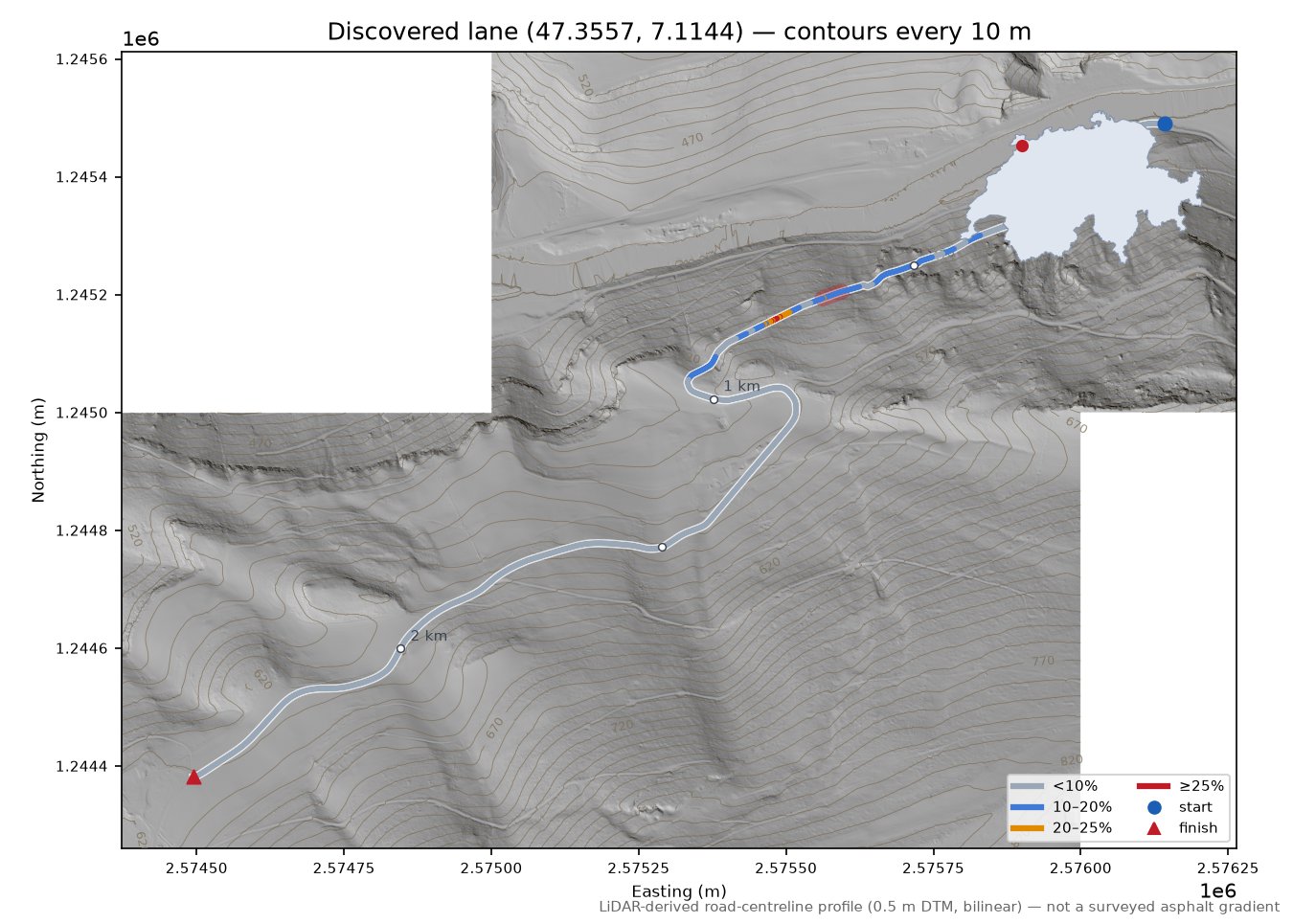 Discovered lane (47.3557, 7.1144) LiDAR hillshade map with contours