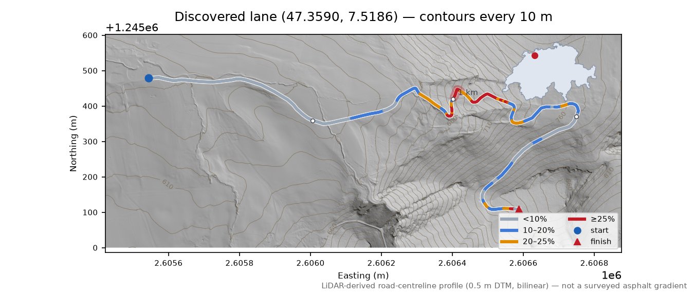Discovered lane (47.3590, 7.5186) LiDAR hillshade map with contours