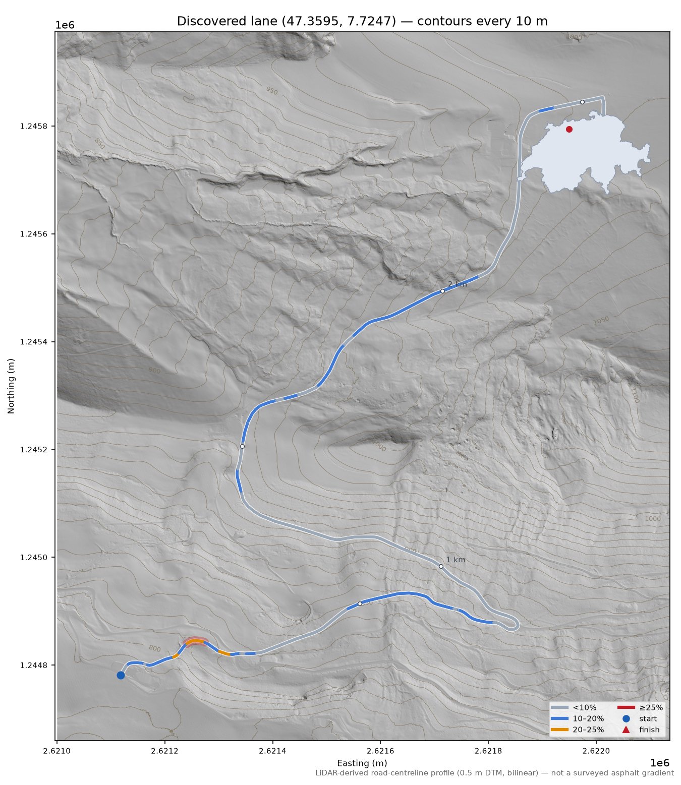 Discovered lane (47.3595, 7.7247) LiDAR hillshade map with contours