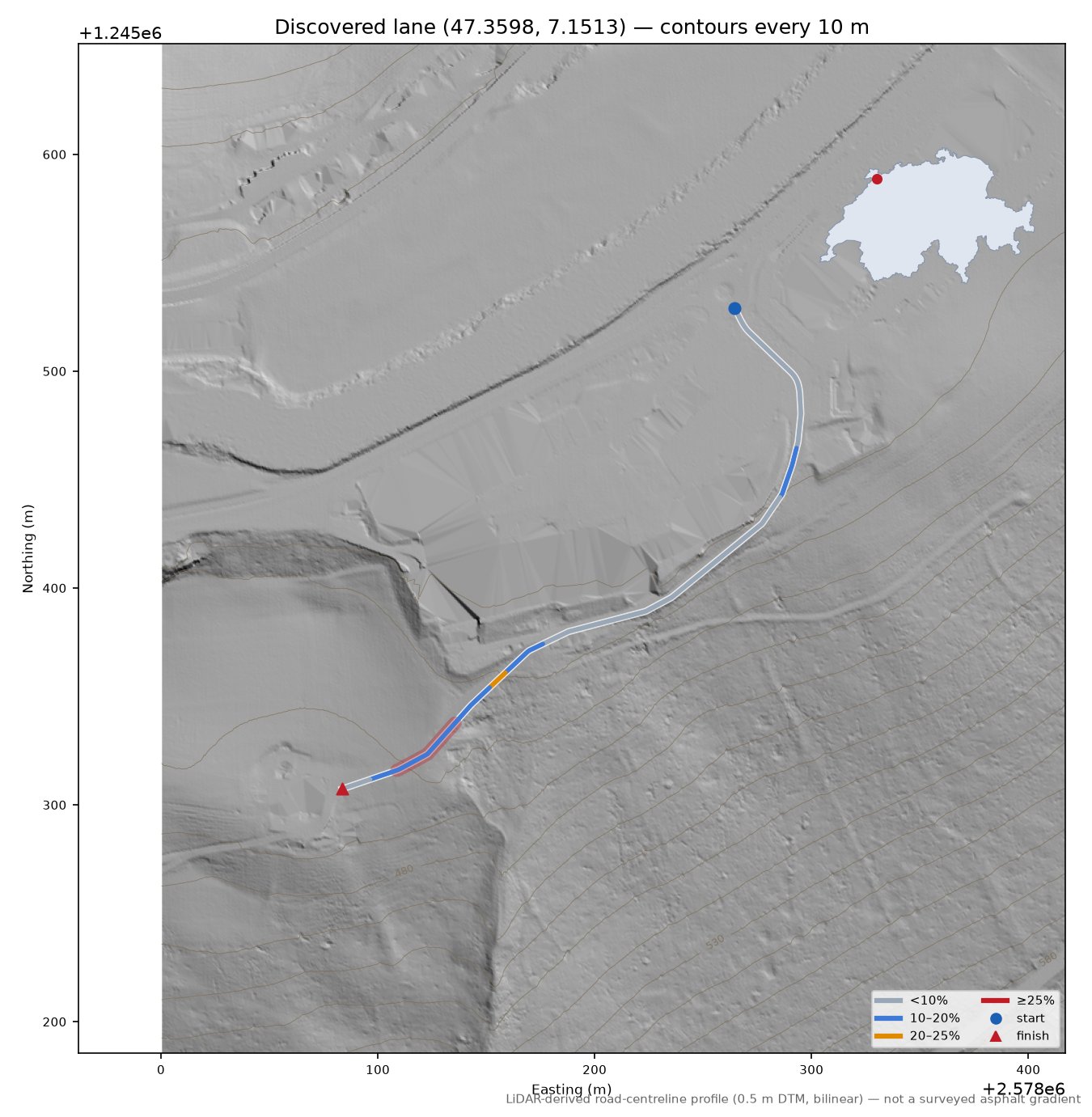 Discovered lane (47.3598, 7.1513) LiDAR hillshade map with contours