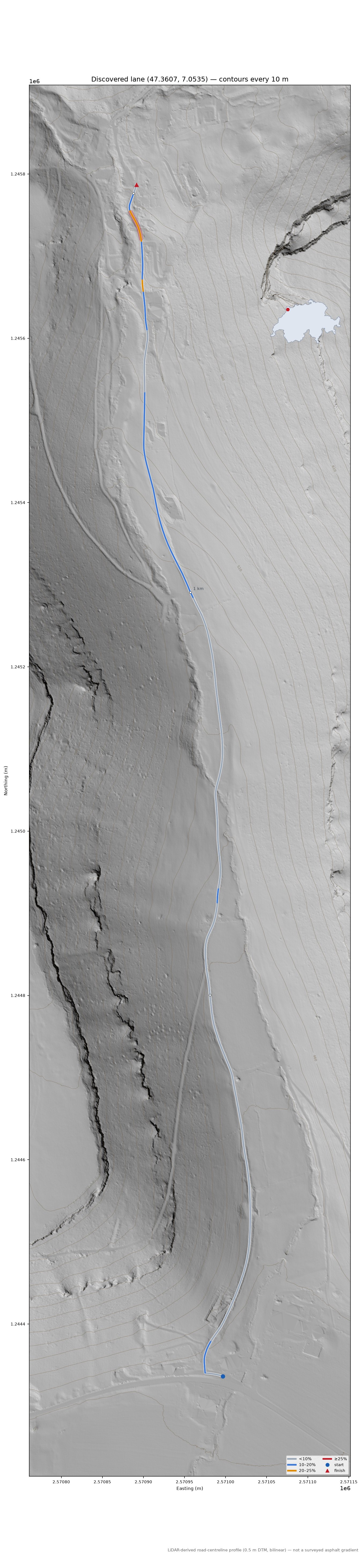 Discovered lane (47.3607, 7.0535) LiDAR hillshade map with contours